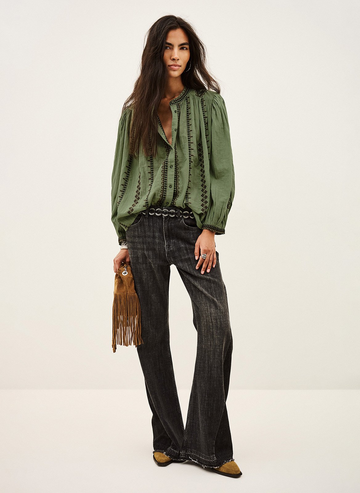 Oversized round neck embroidered cotton blouse BA&SH Green