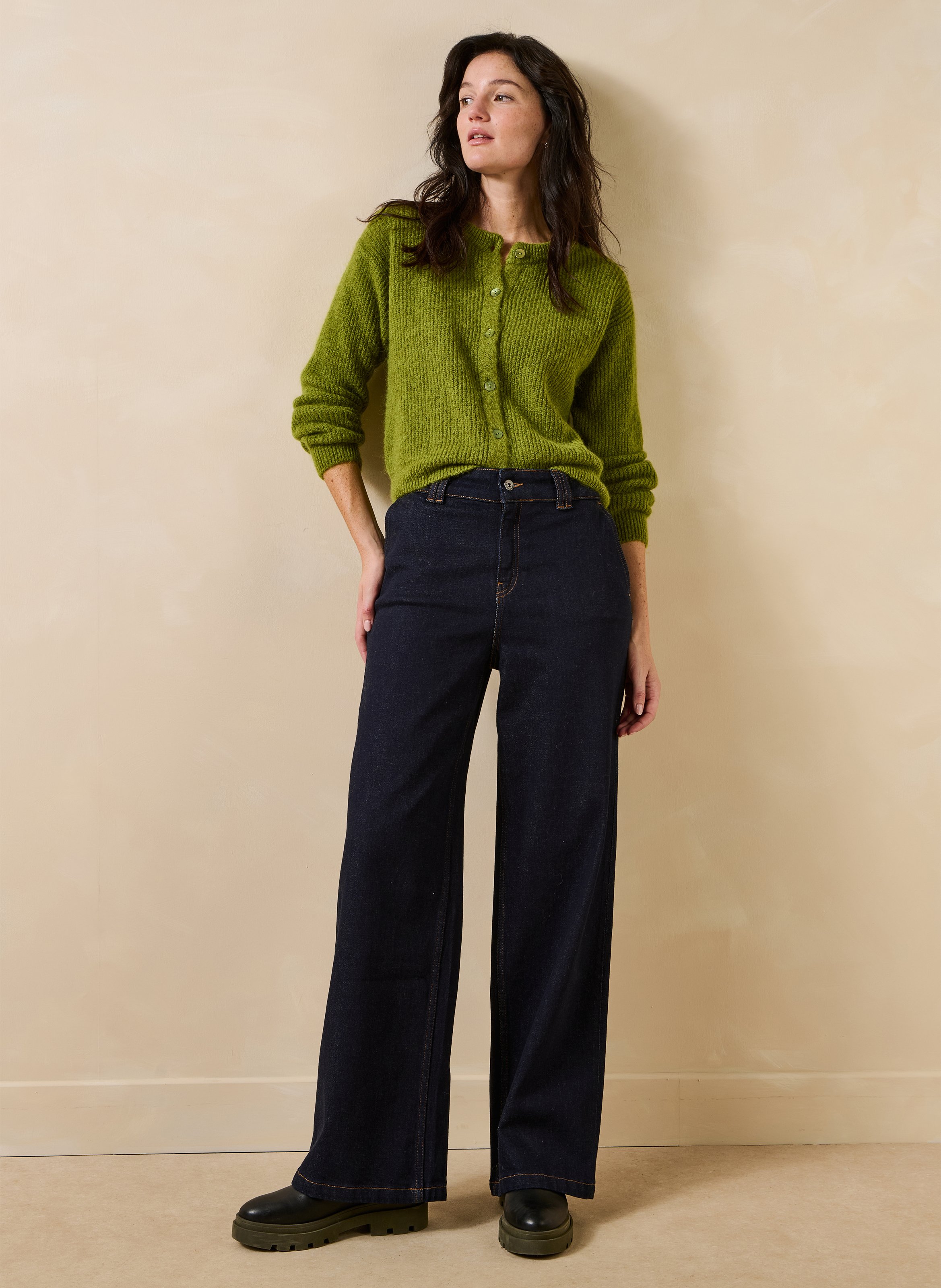 Gilet ample col rond en maille mélangée LA FEE MARABOUTEE Vert