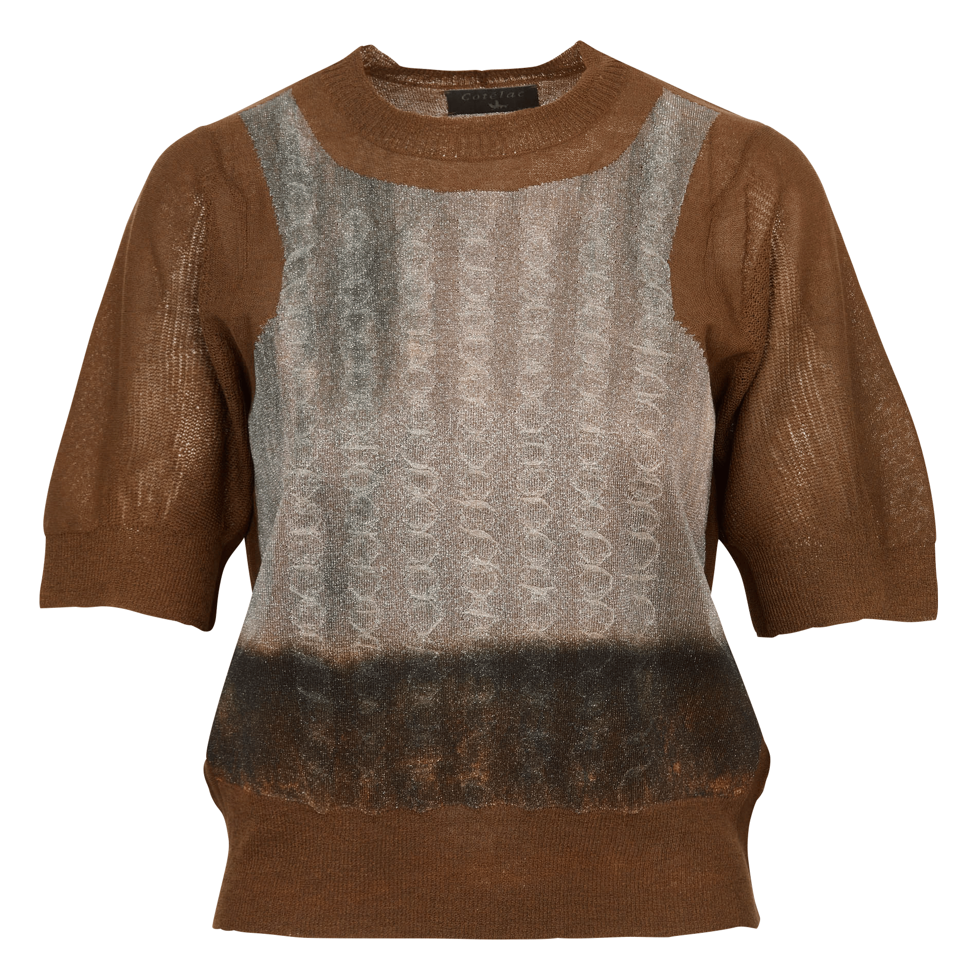 Straight round neck sweater in metallic jacquard. COTELAC Brown