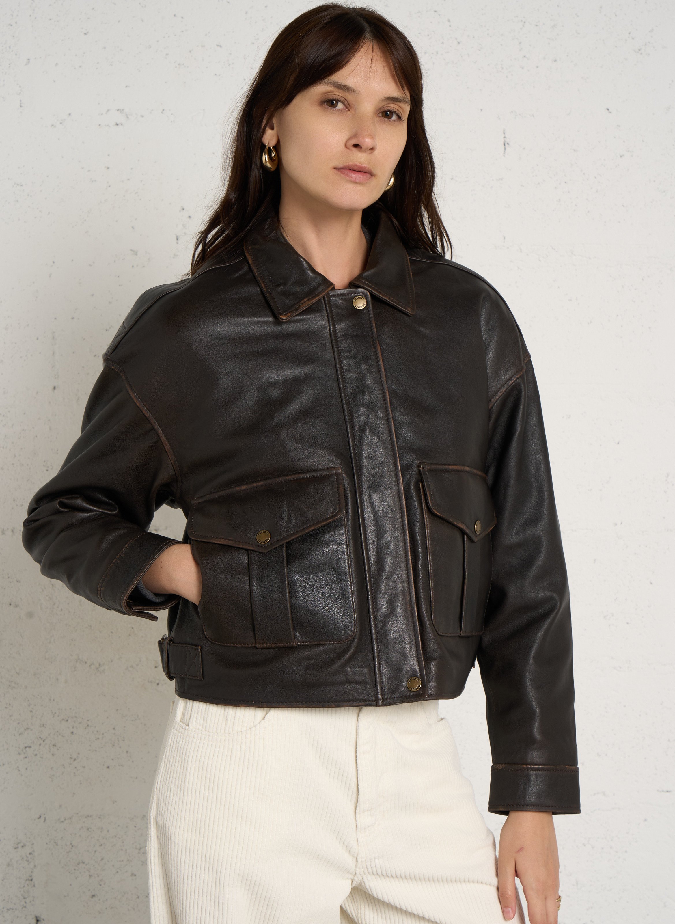 Blouson droit uni en cuir SCHOTT Marron