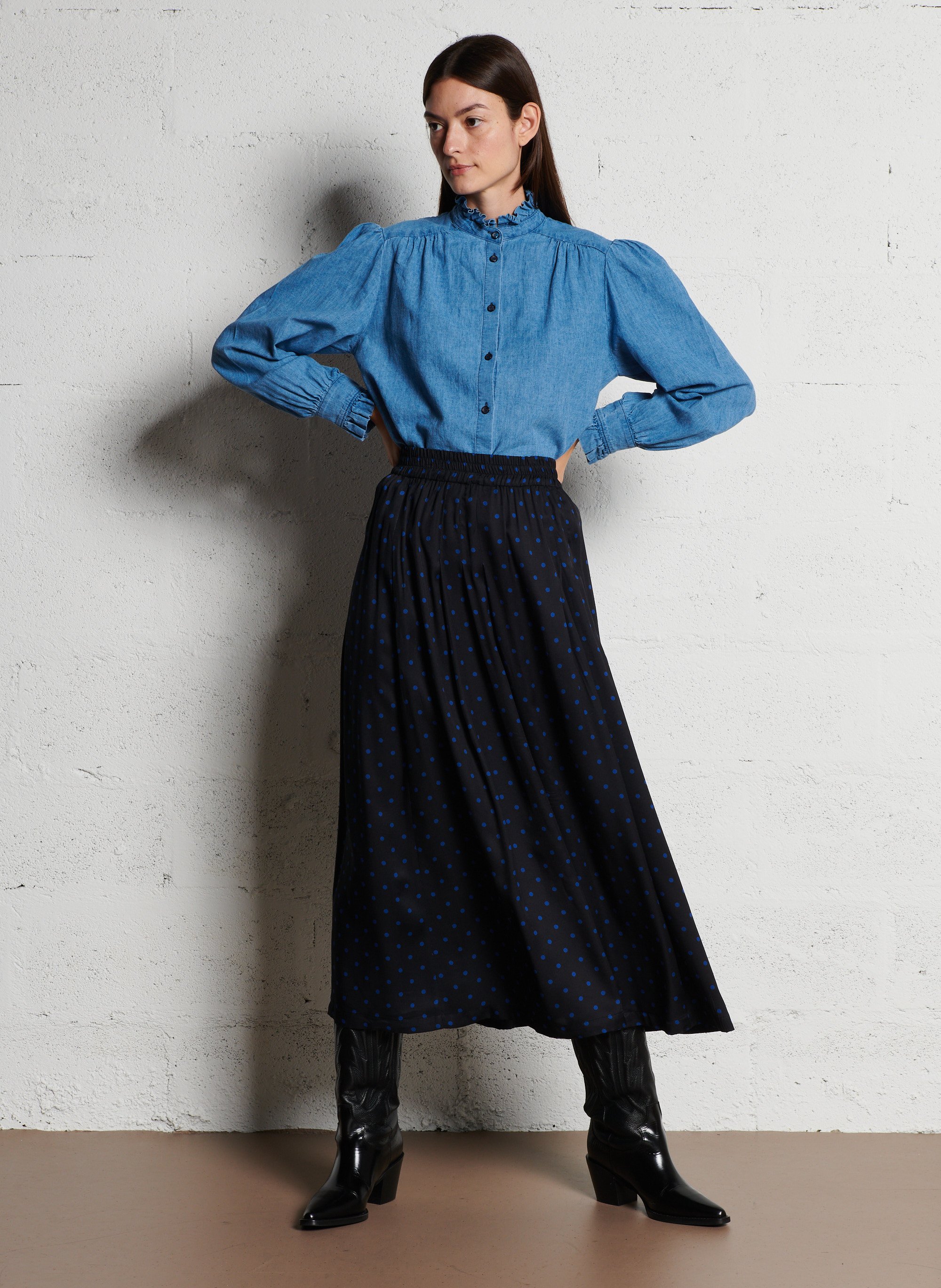 Lange geplooide satijnen rok SUZIE WINKLE Zwart