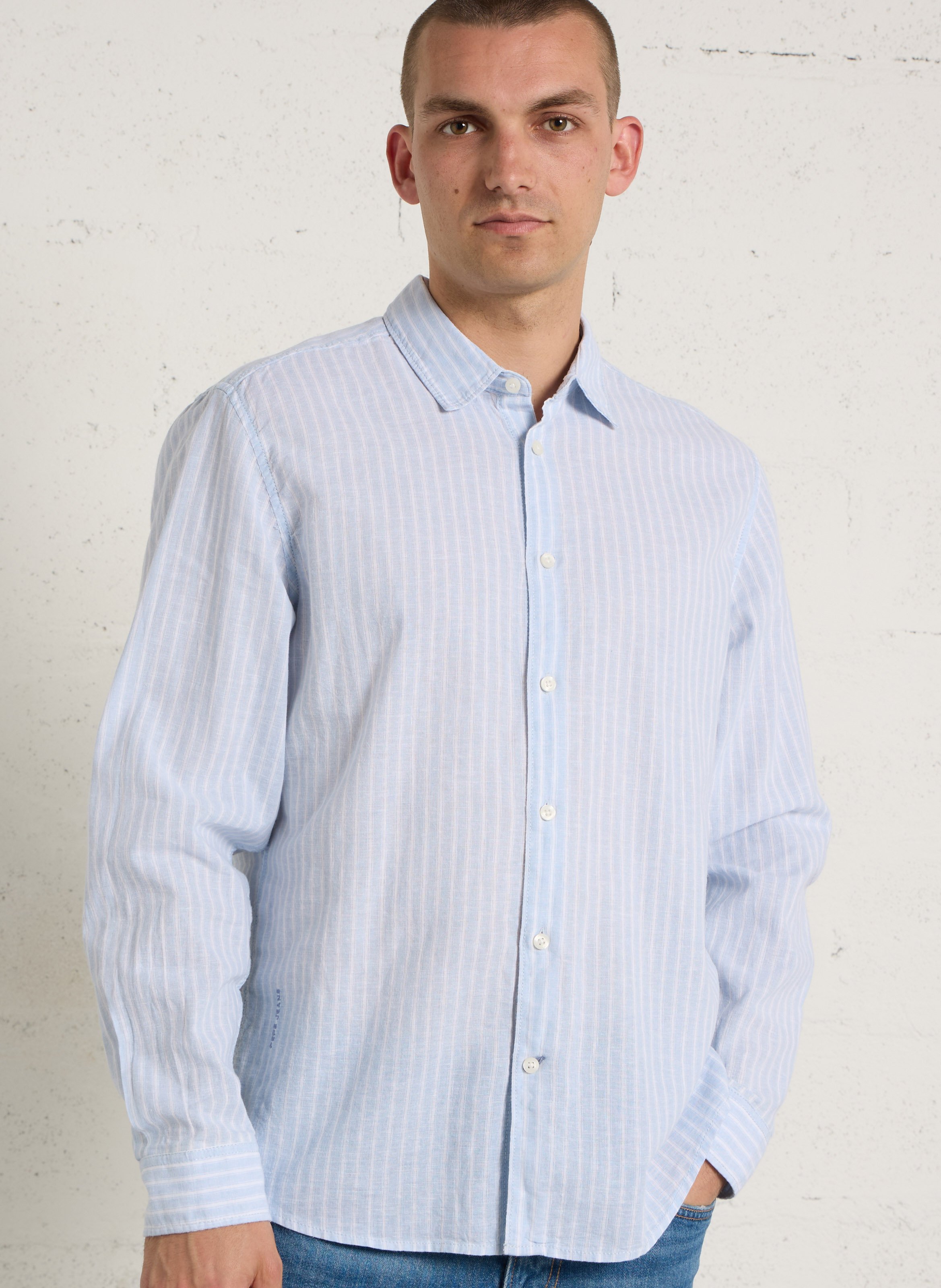 Regular-fit shirt with classic striped collar in linen and cotton PEPE JEANS Blue