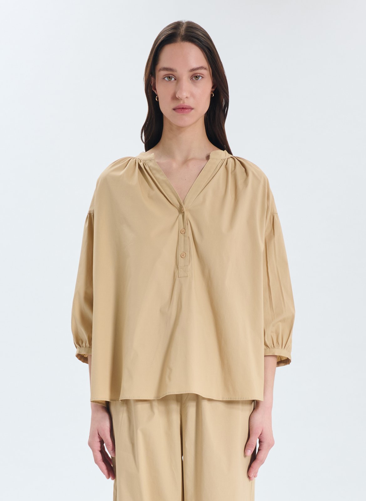Henley-Bluse aus Baumwoll-Mix ZAPA Beige