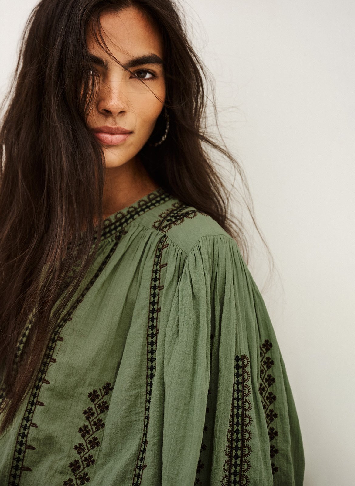 Oversized round neck embroidered cotton blouse BA&SH Green