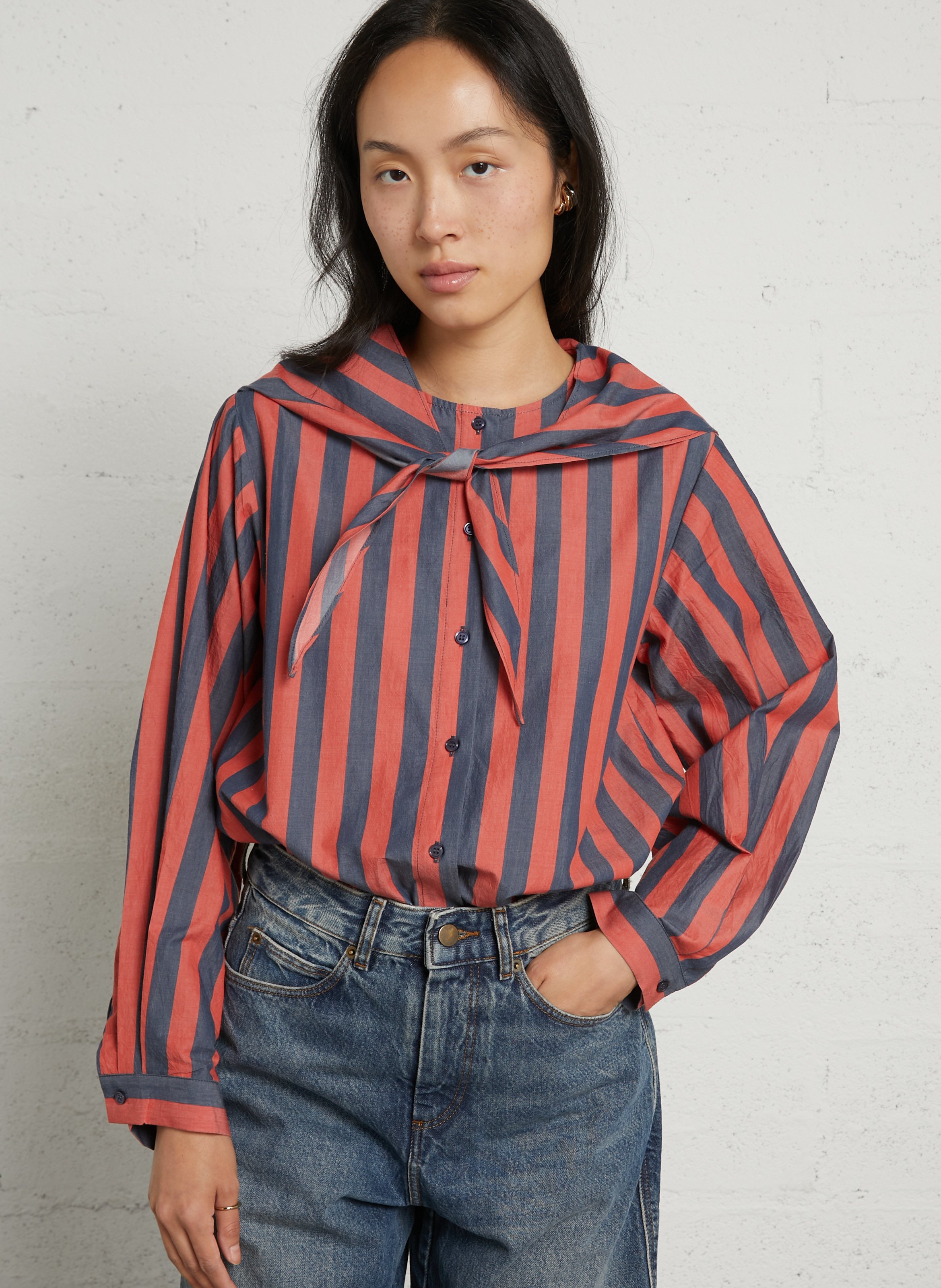 Rechte gestreepte blouse met ronde hals van katoen THE TINY BIG SISTER Veelkleurig
