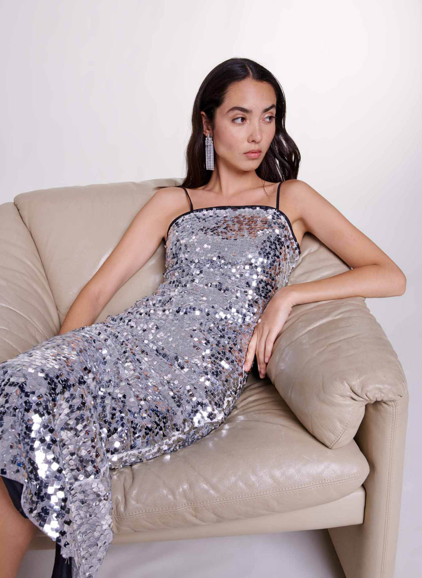 Robe Longue à Sequins Argent Maje - Femme - MFPRO03679-500-ARGENT | Place  des Tendances