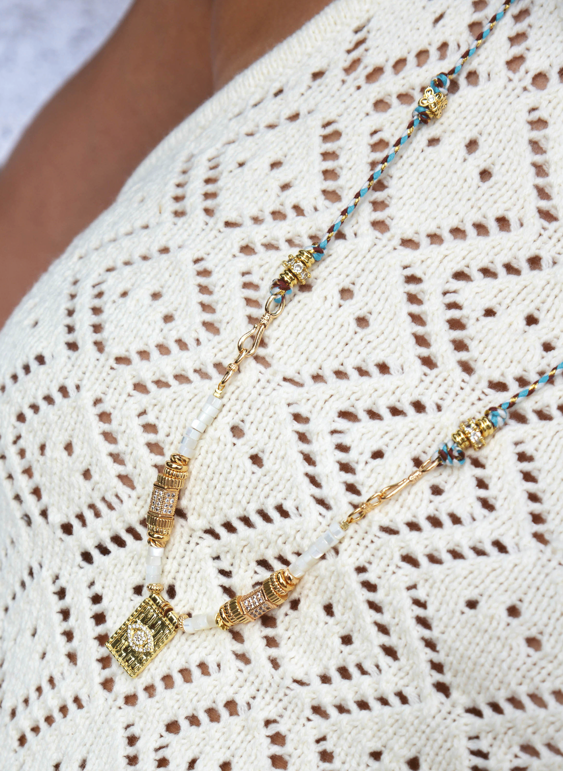 Long necklace with polyester cord and beads HIPANEMA White