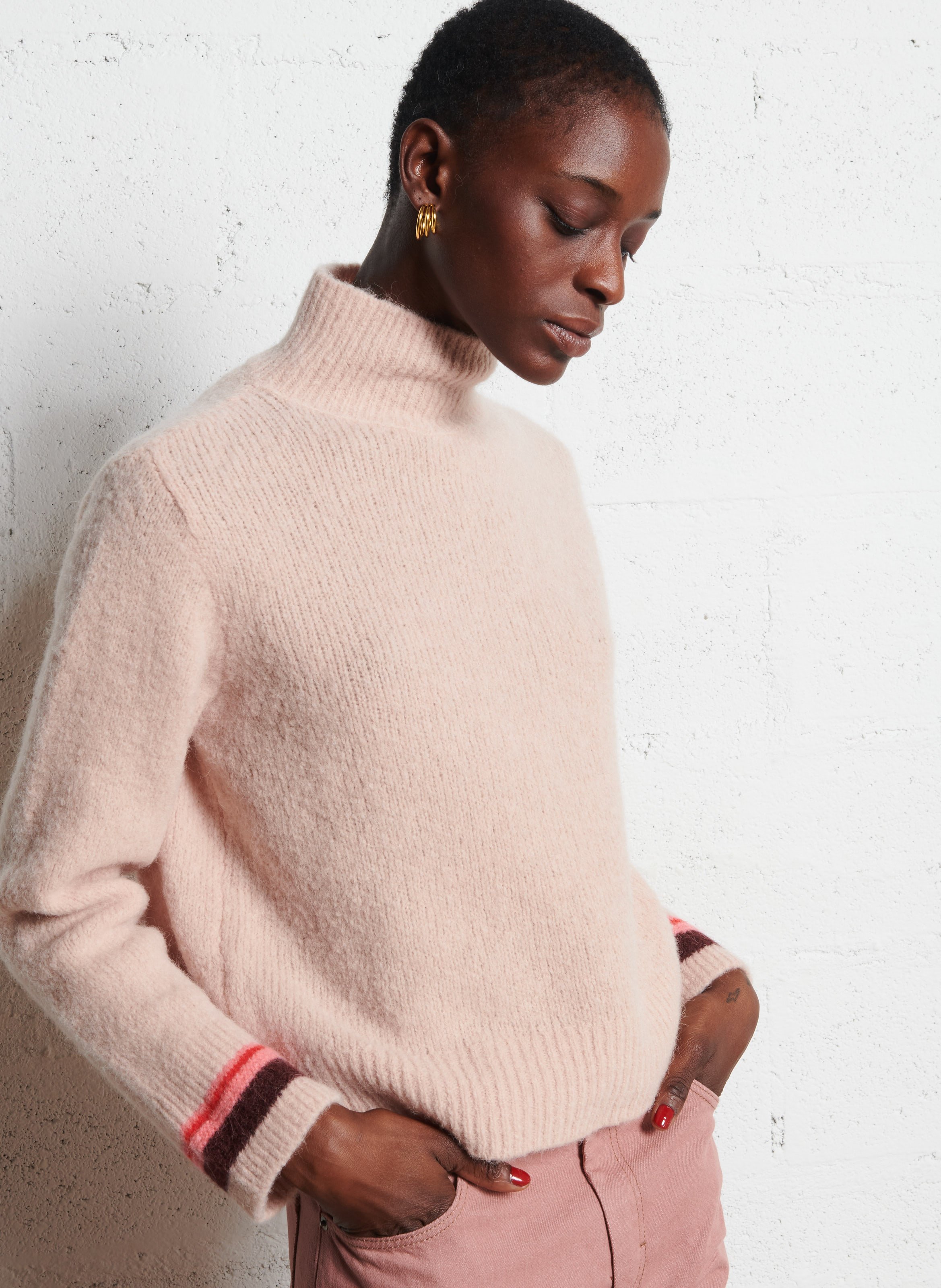 Pull droit col cheminée en laine mélangée MAISON ANJE Rose