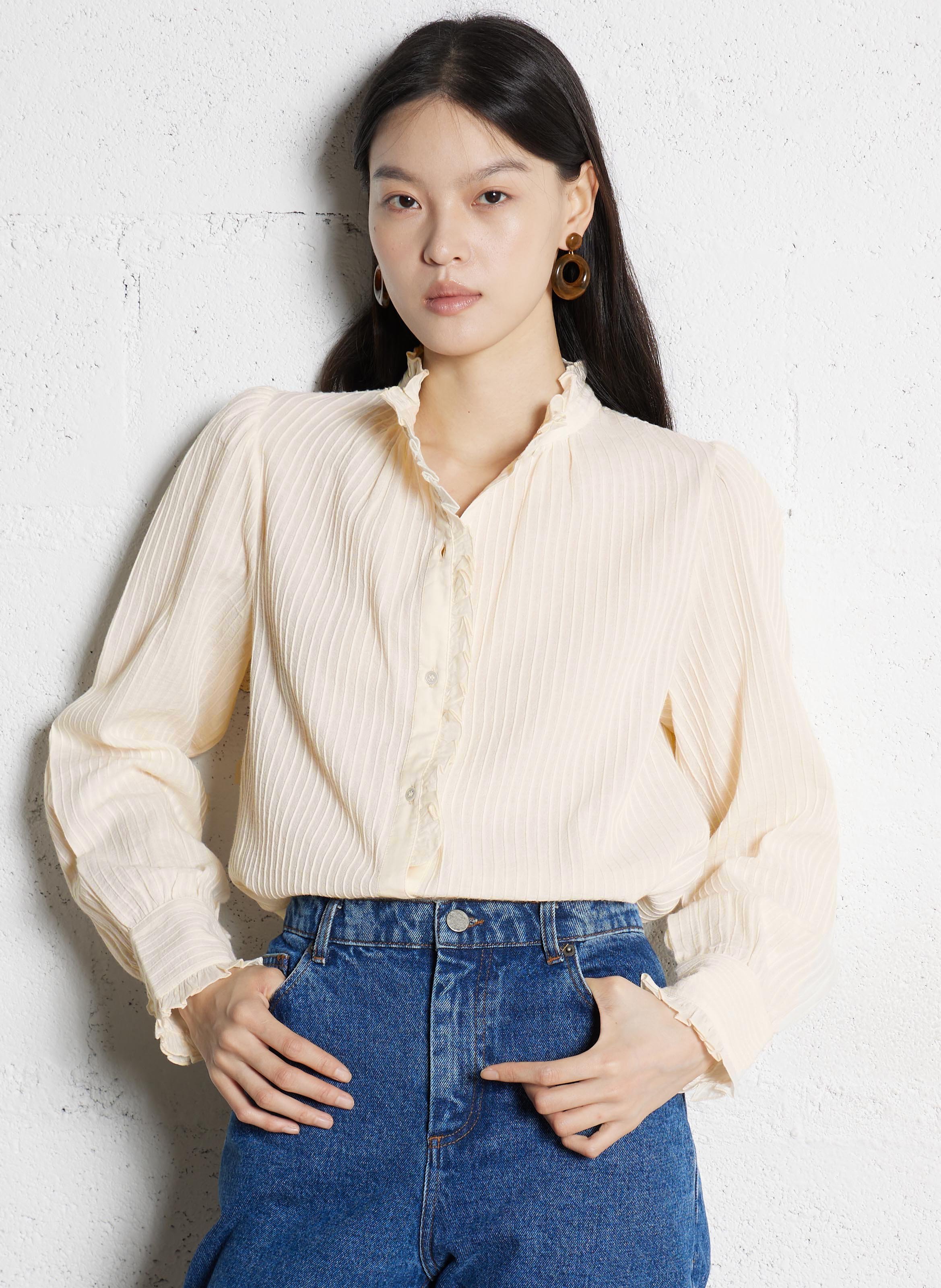 Rechte, katoenen blouse met Victoriaanse kraag ANTIK BATIK Wit