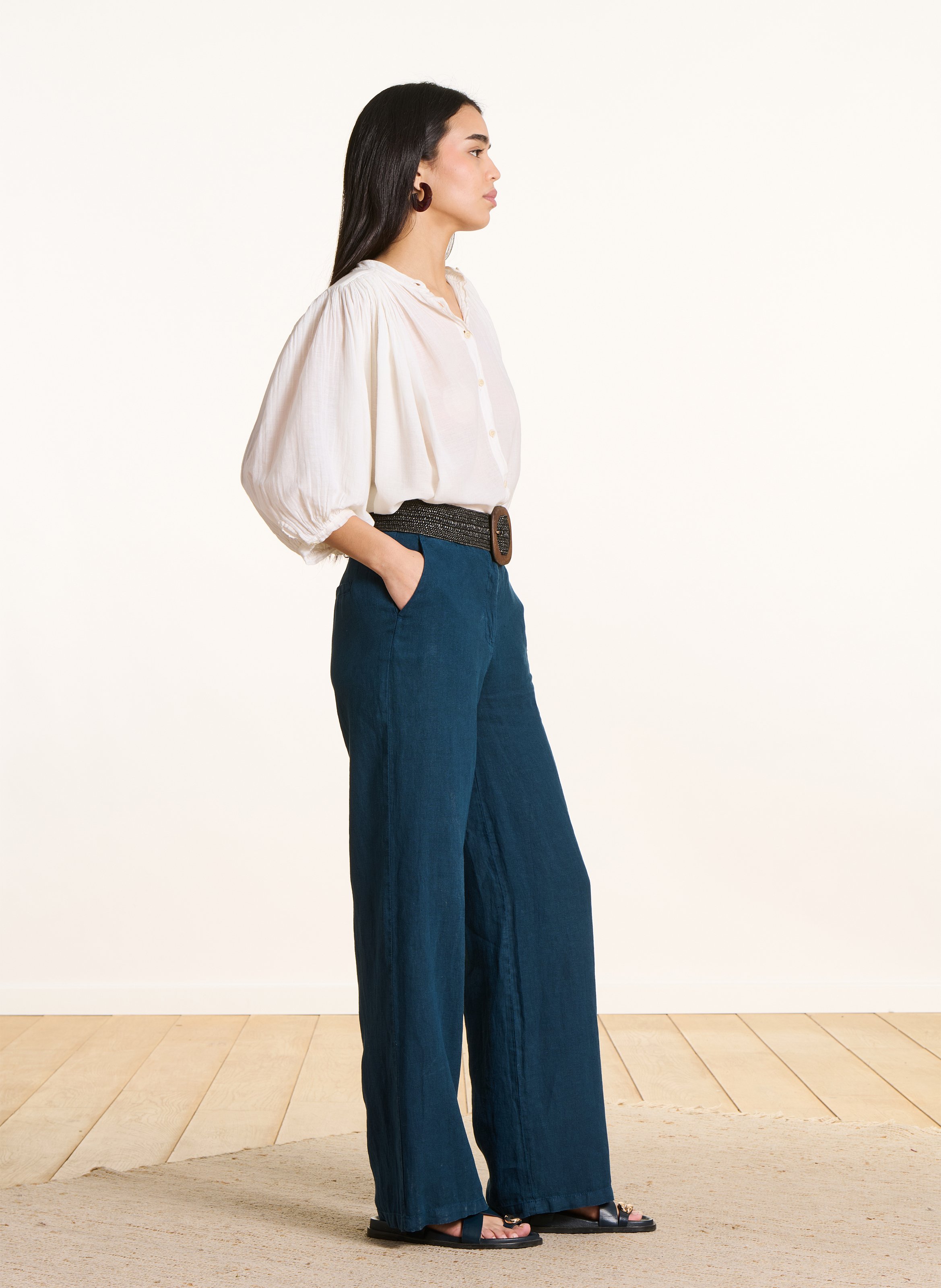 Pantalon large en lin LA FEE MARABOUTEE Bleu
