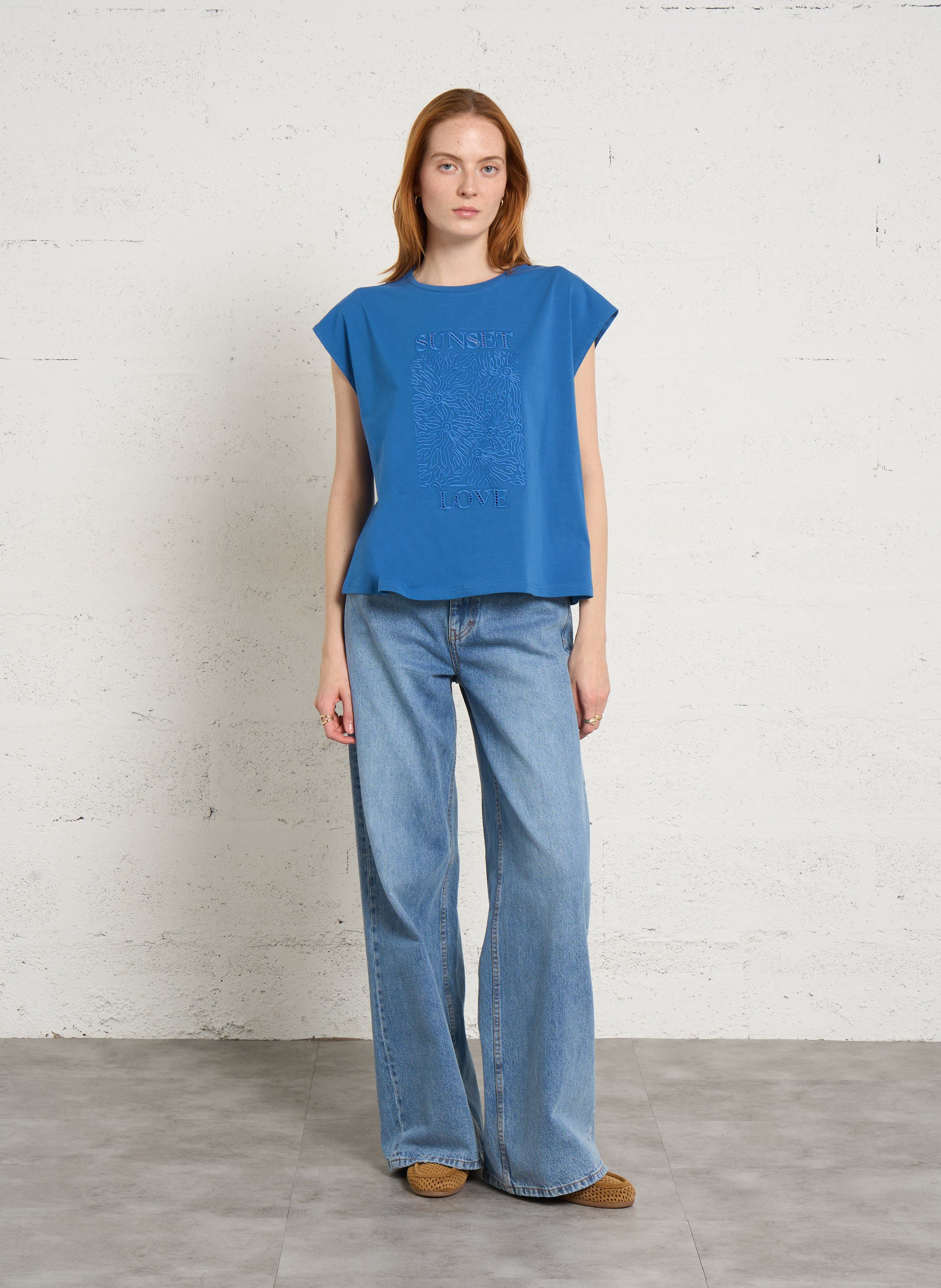 Tee-shirt ample en coton mélangé Bleu