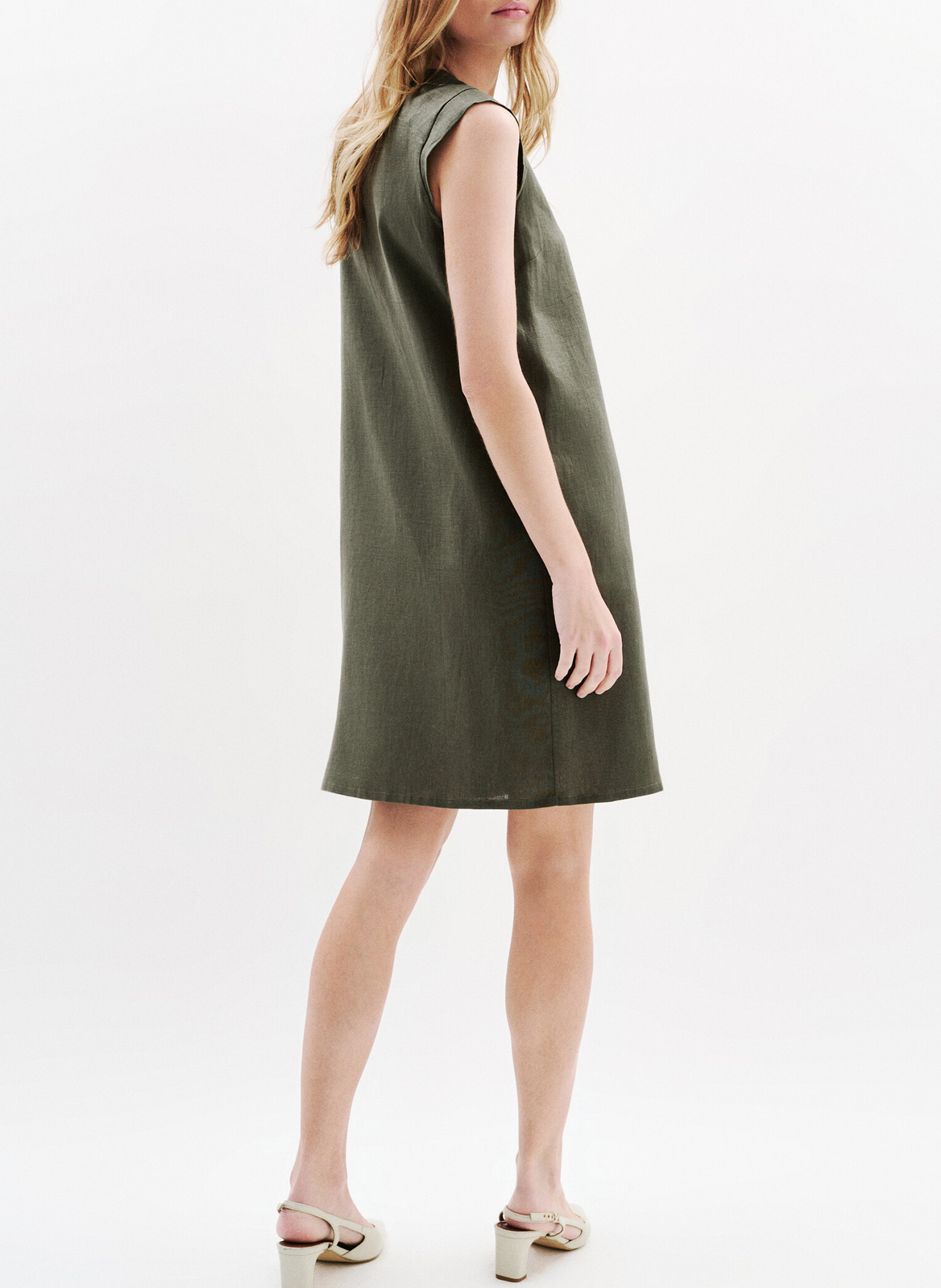Robe droite col V en lin CAROLL Kaki