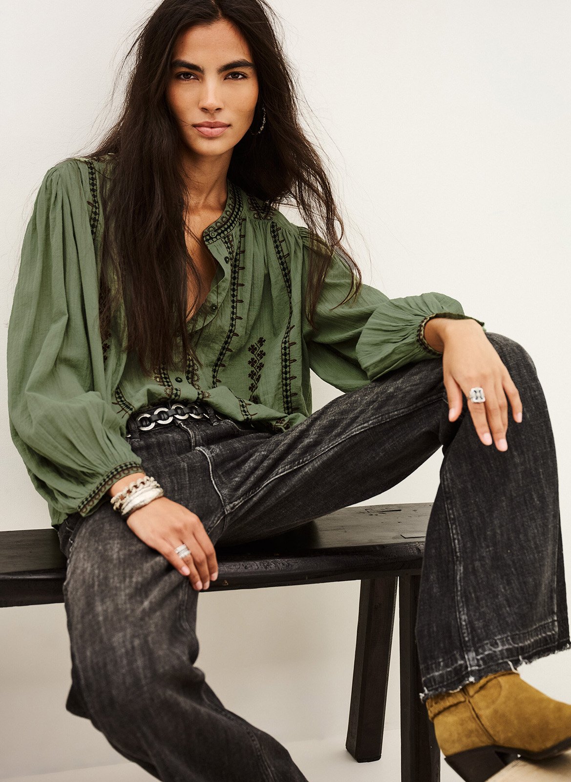 Oversized round neck embroidered cotton blouse BA&SH Green