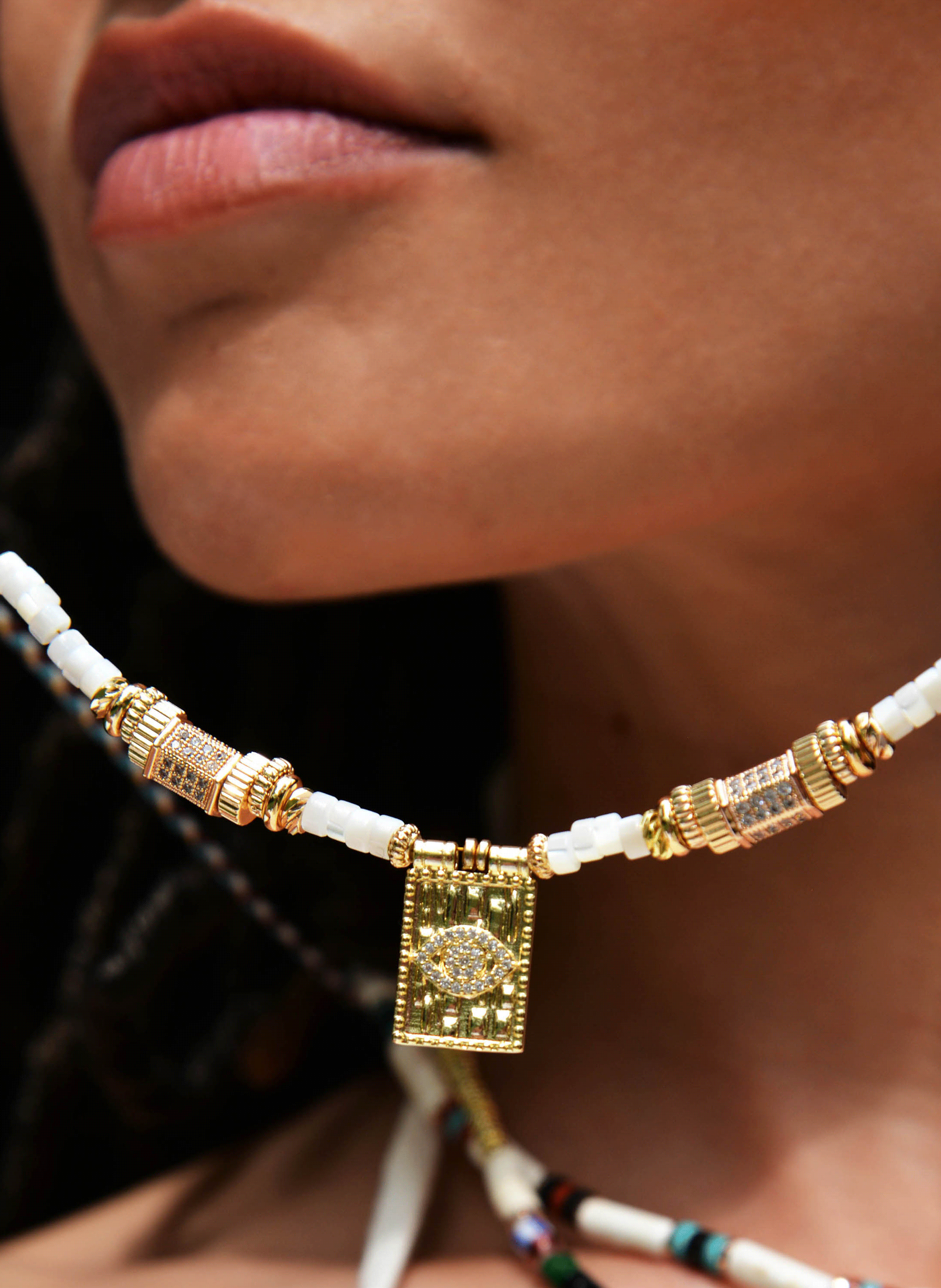 Long necklace with polyester cord and beads HIPANEMA White