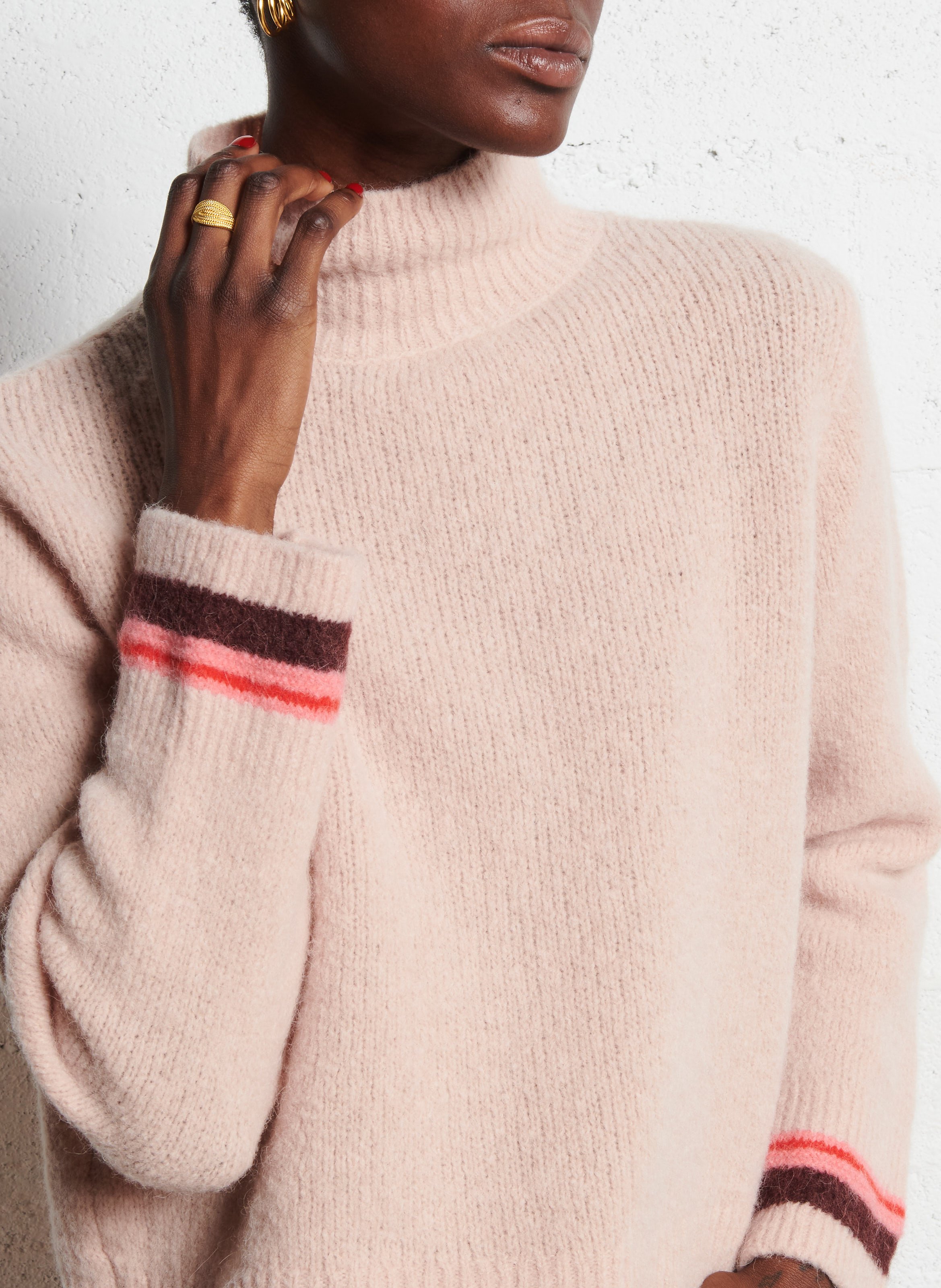 Pull droit col cheminée en laine mélangée MAISON ANJE Rose