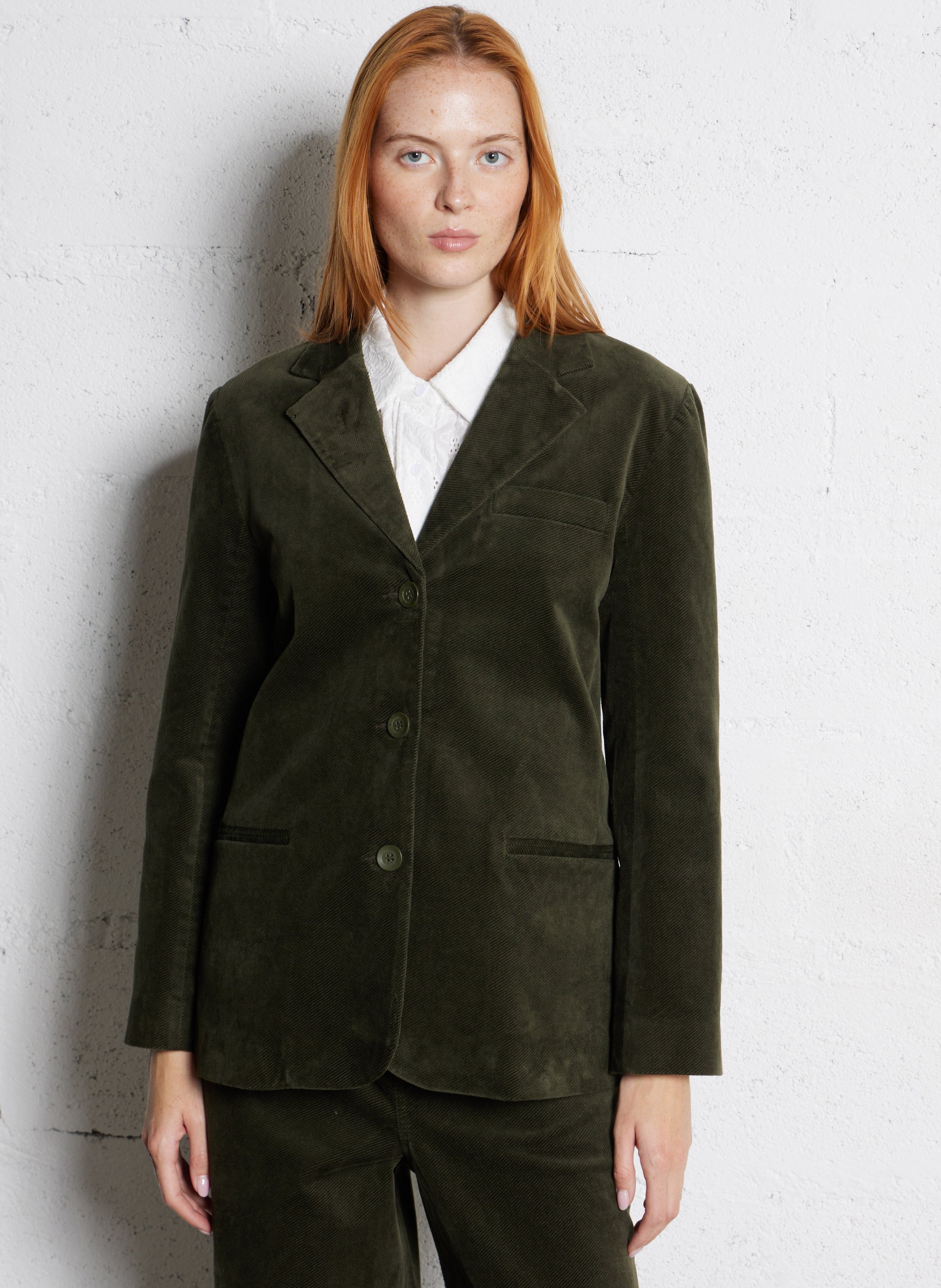 Veste droite col tailleur en velours côtelé BENSIMON Kaki