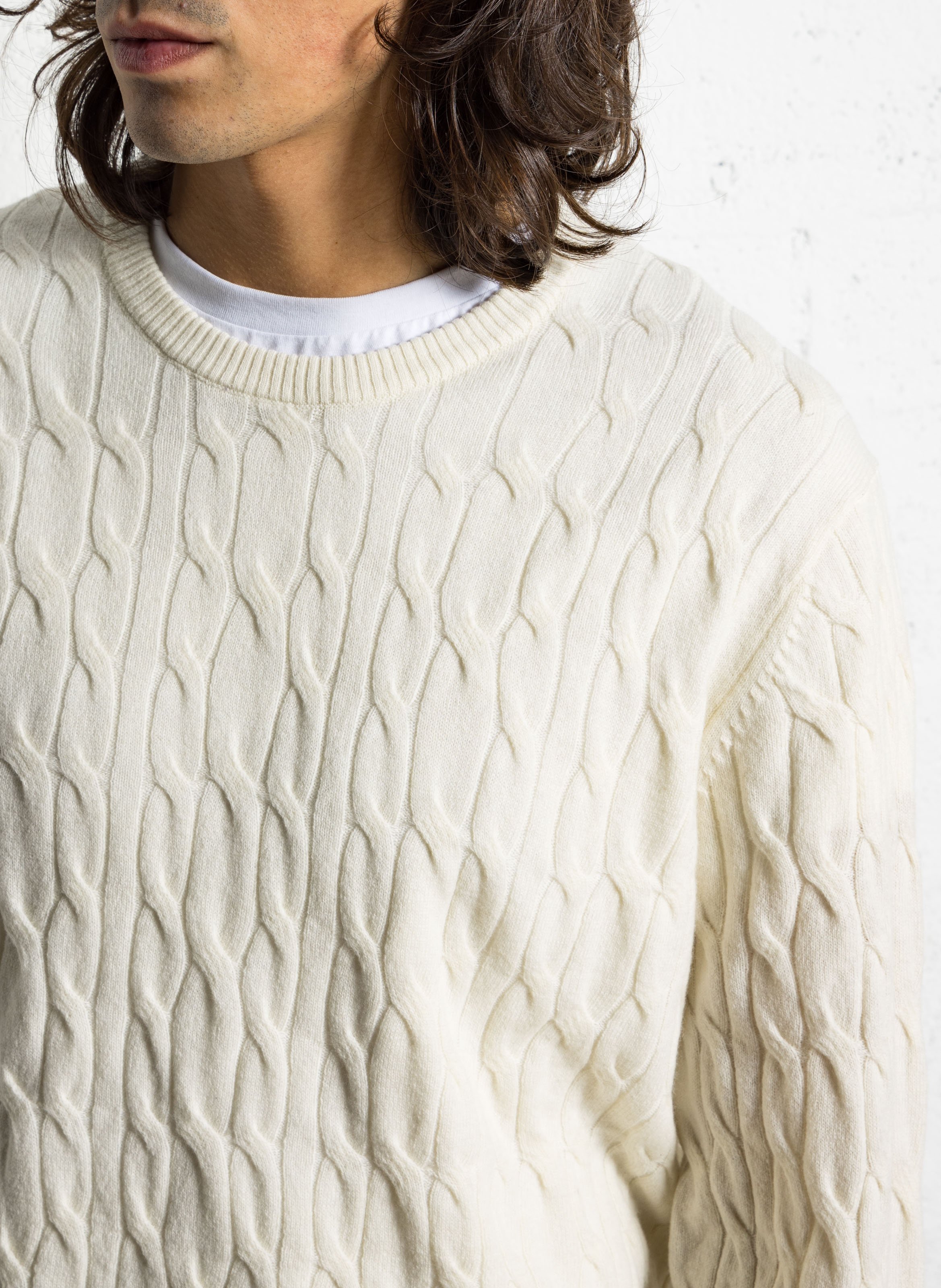 Pull col rond en maille torsadée HACKETT Blanc