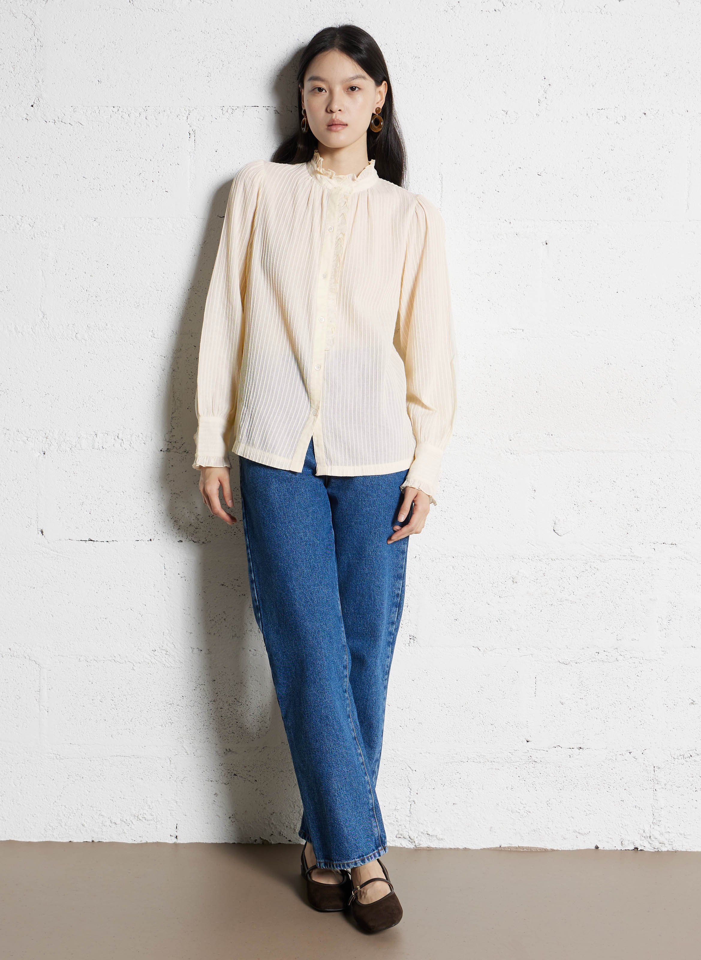 Rechte, katoenen blouse met Victoriaanse kraag ANTIK BATIK Wit