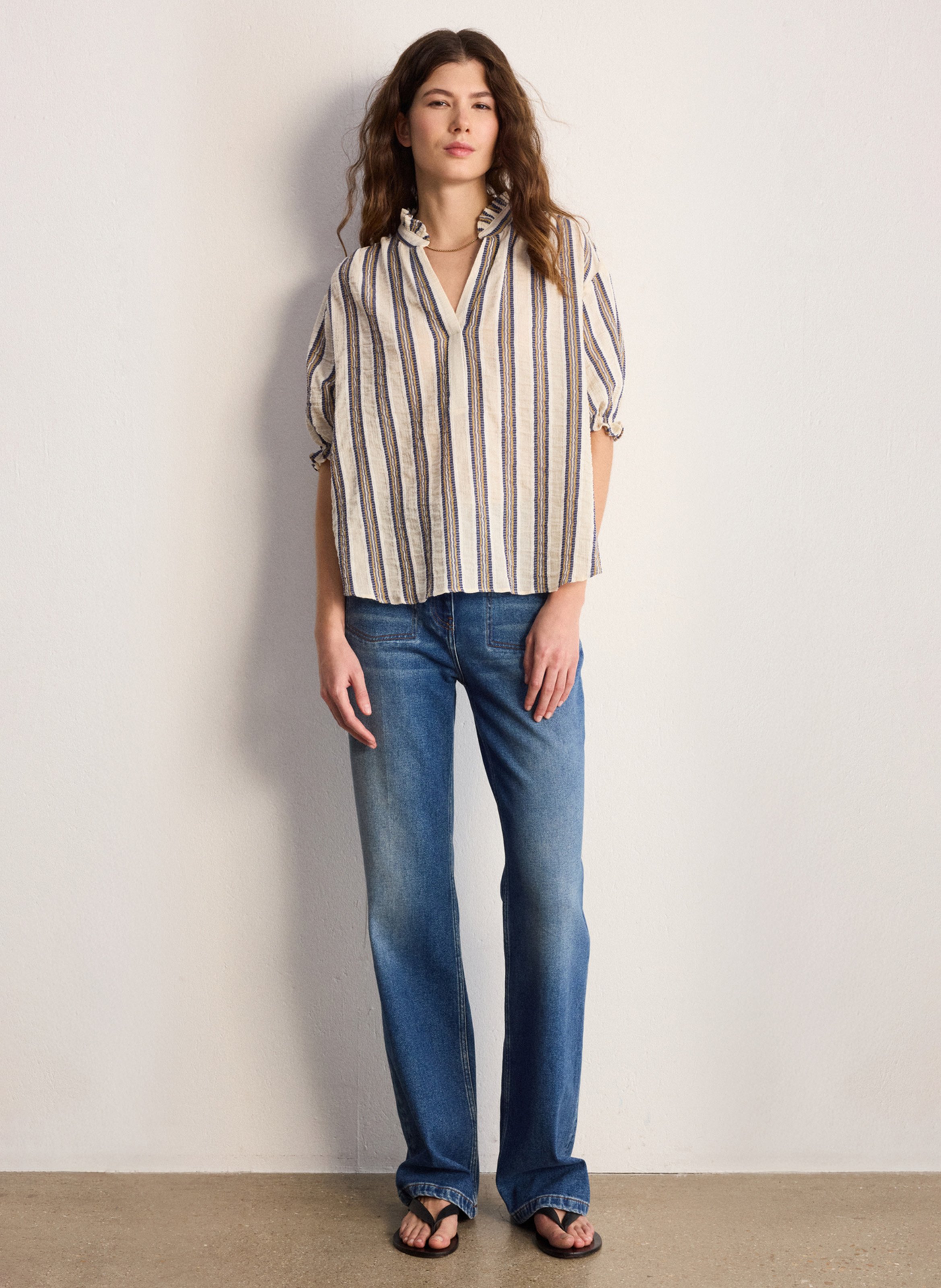 Bluse mit Stehkragen und Volants aus Baumwollmischung PABLO Beige