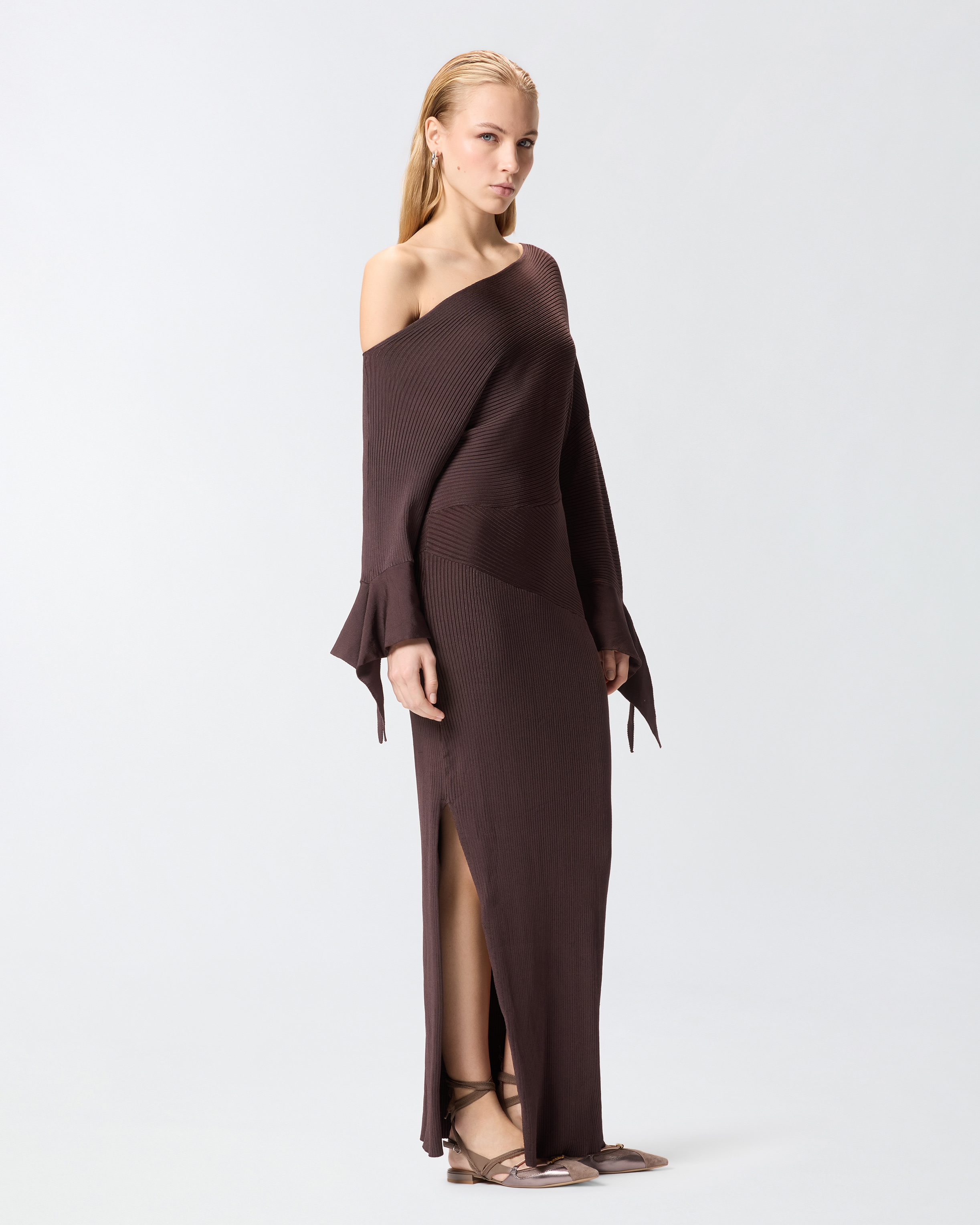 Robe longue côtelée à col asymétrique PINKO Marron