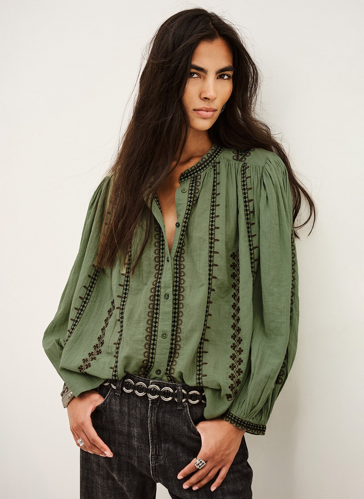 Oversized round neck embroidered cotton blouse BA&SH