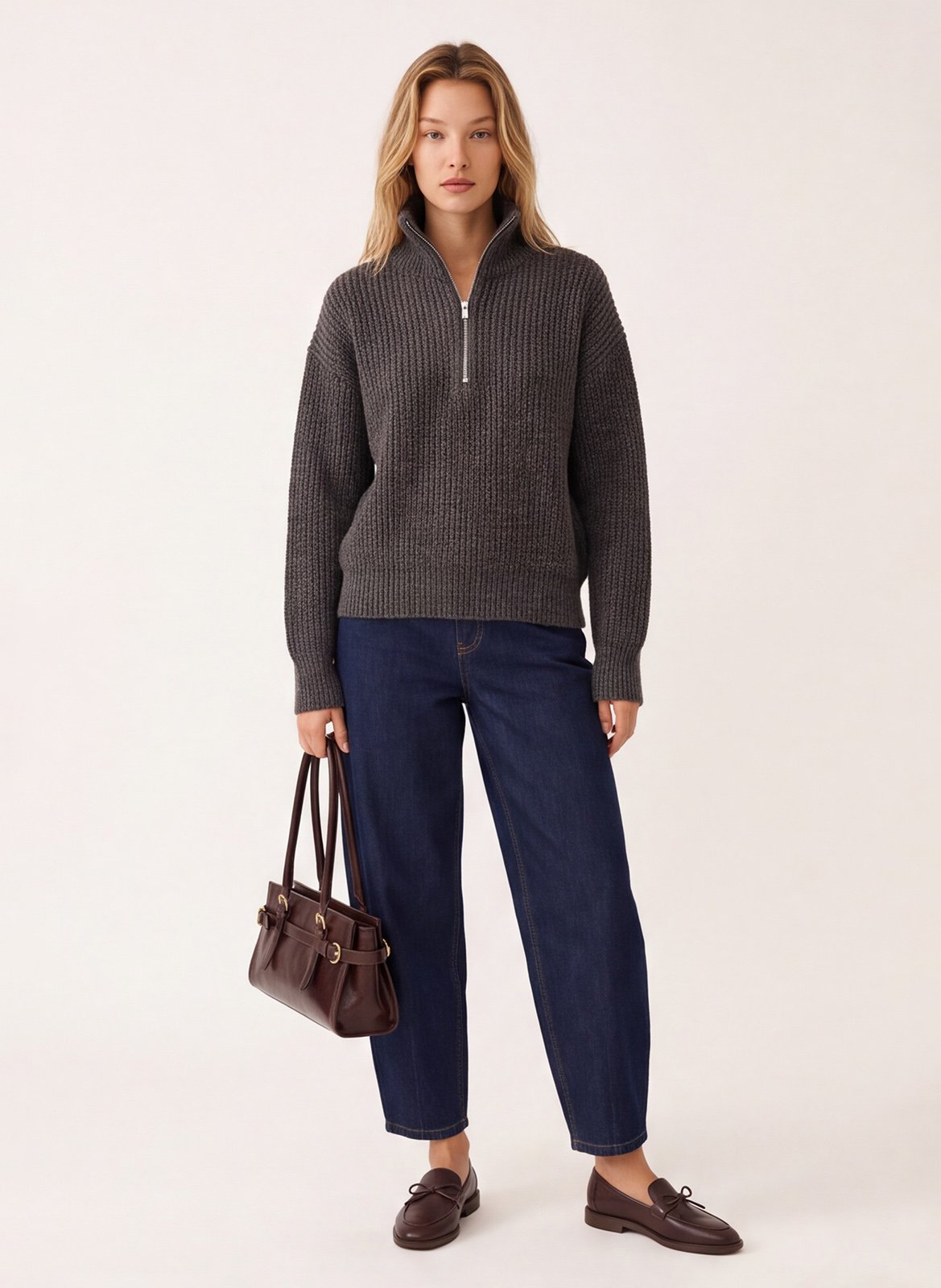 Pull droit col montant zippé en maille | Marron KOOKAI Femme