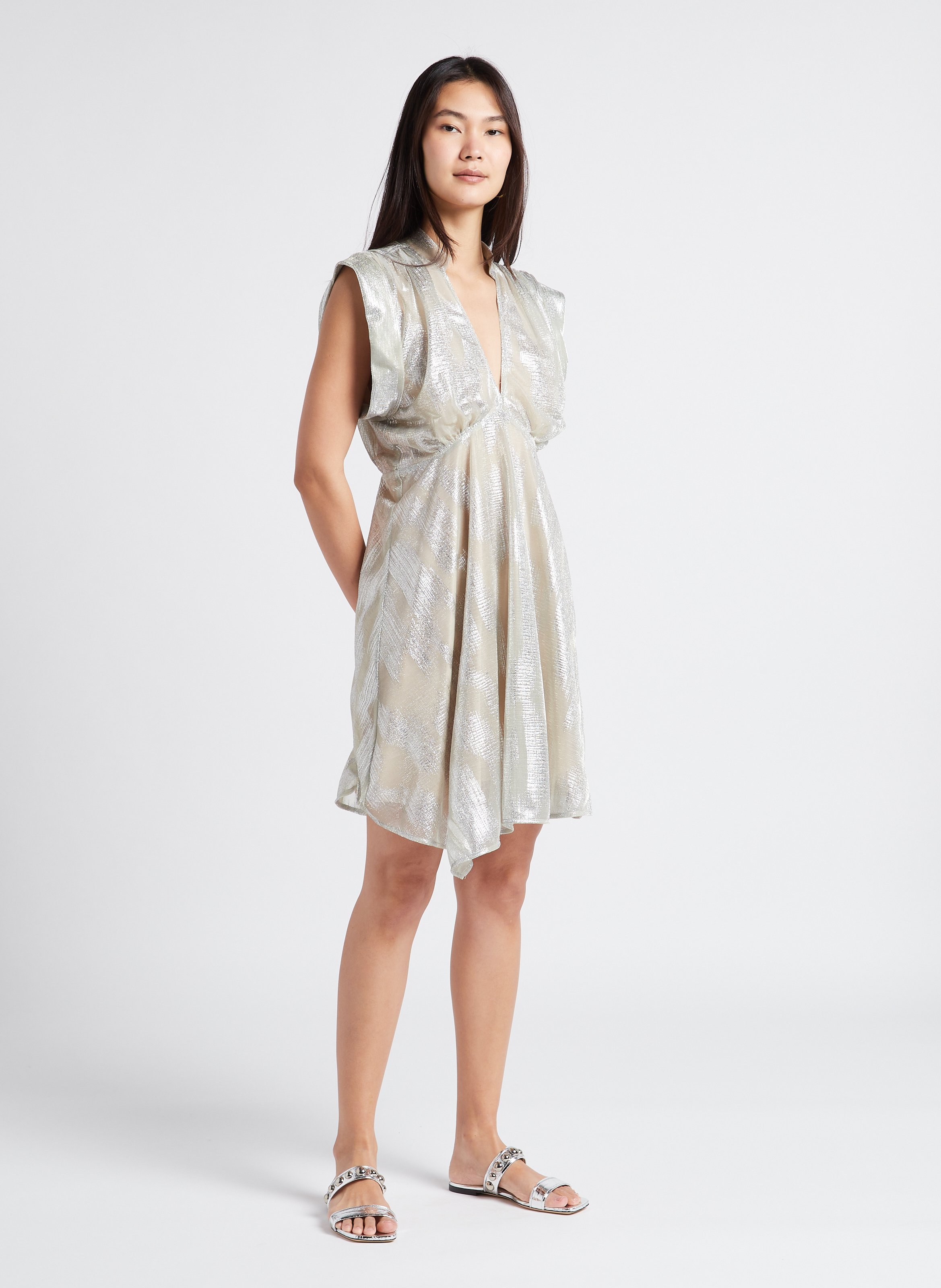 Robe courte col V jacquard métallisé  IRO Argent