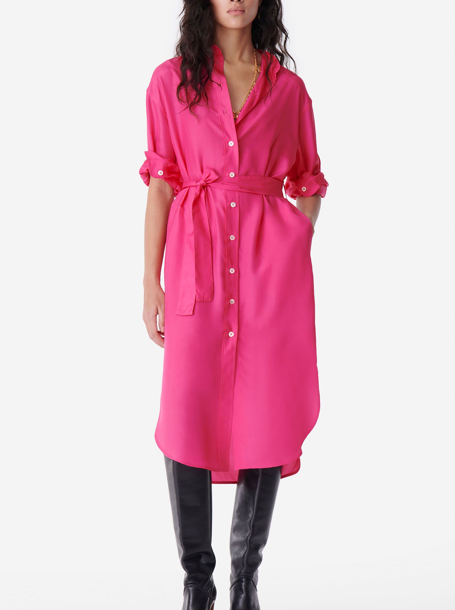 Robe chemise longue droite en soie Rose