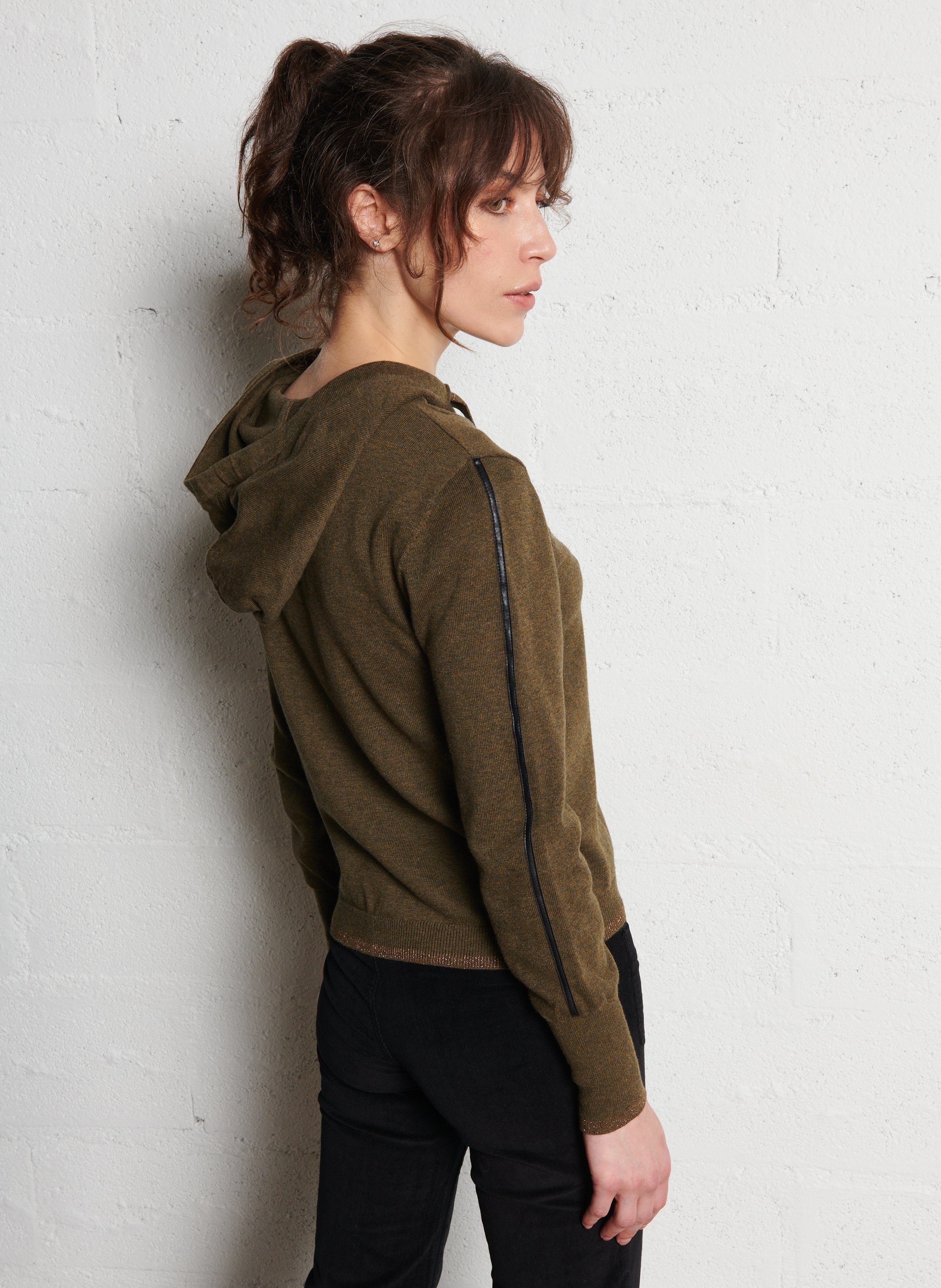 Hooded zip-up cotton cardigan ONE STEP Khaki