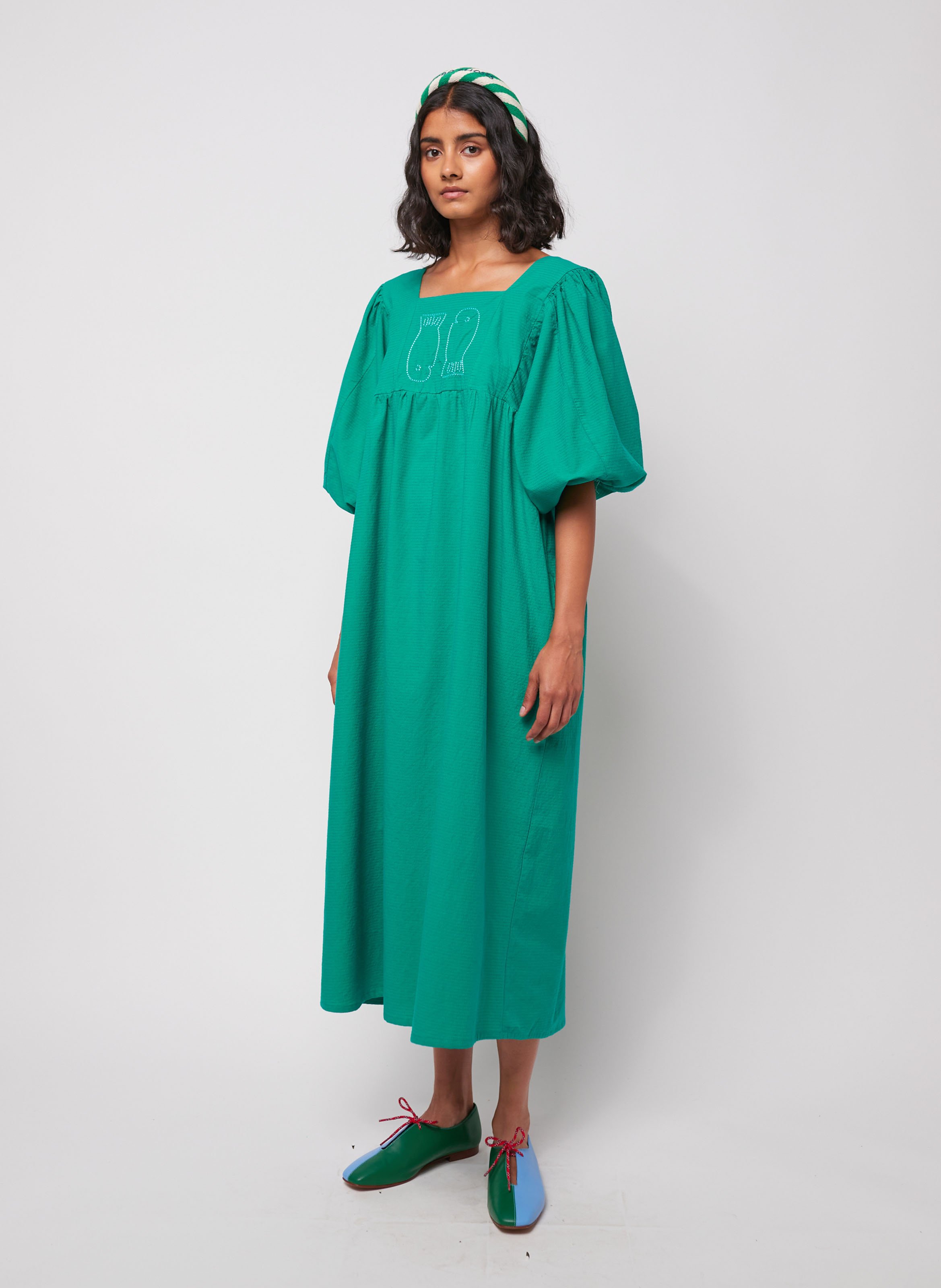 Wijdvallende jurk met vierkante hals van katoen BOBO CHOSES Groen