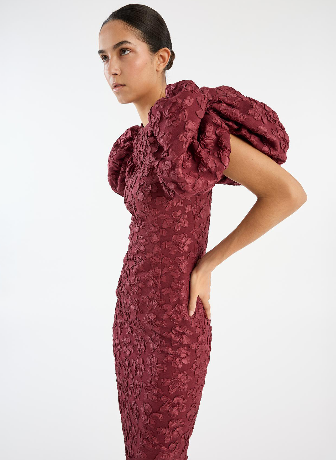 Robe longue col rond en jacquard ROTATE Marron