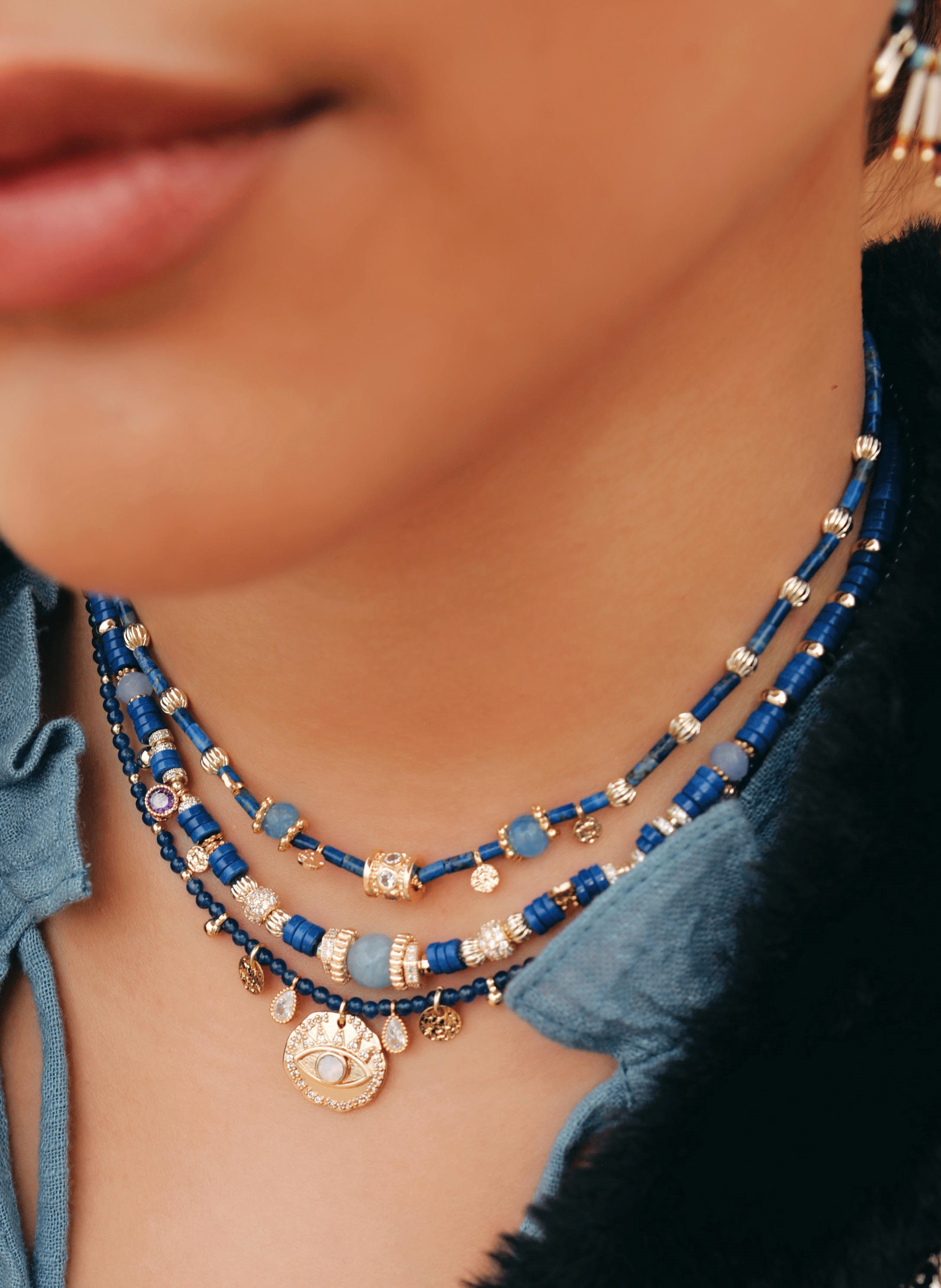 Multilayer pearl necklace with charms HIPANEMA Blue