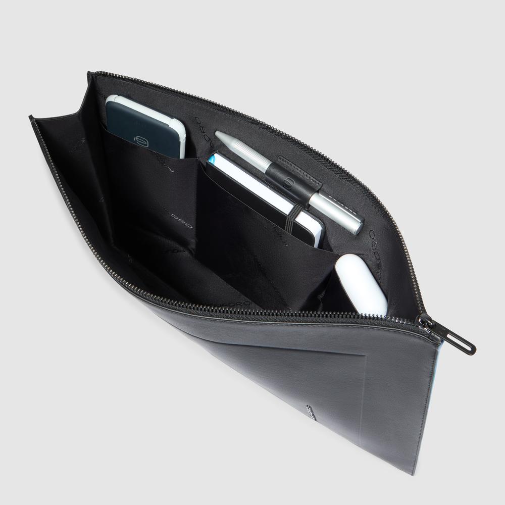 Men's leather clutch for iPad® with pocket for AirPods®, shock protection, and RFID protection PIQUADRO Black