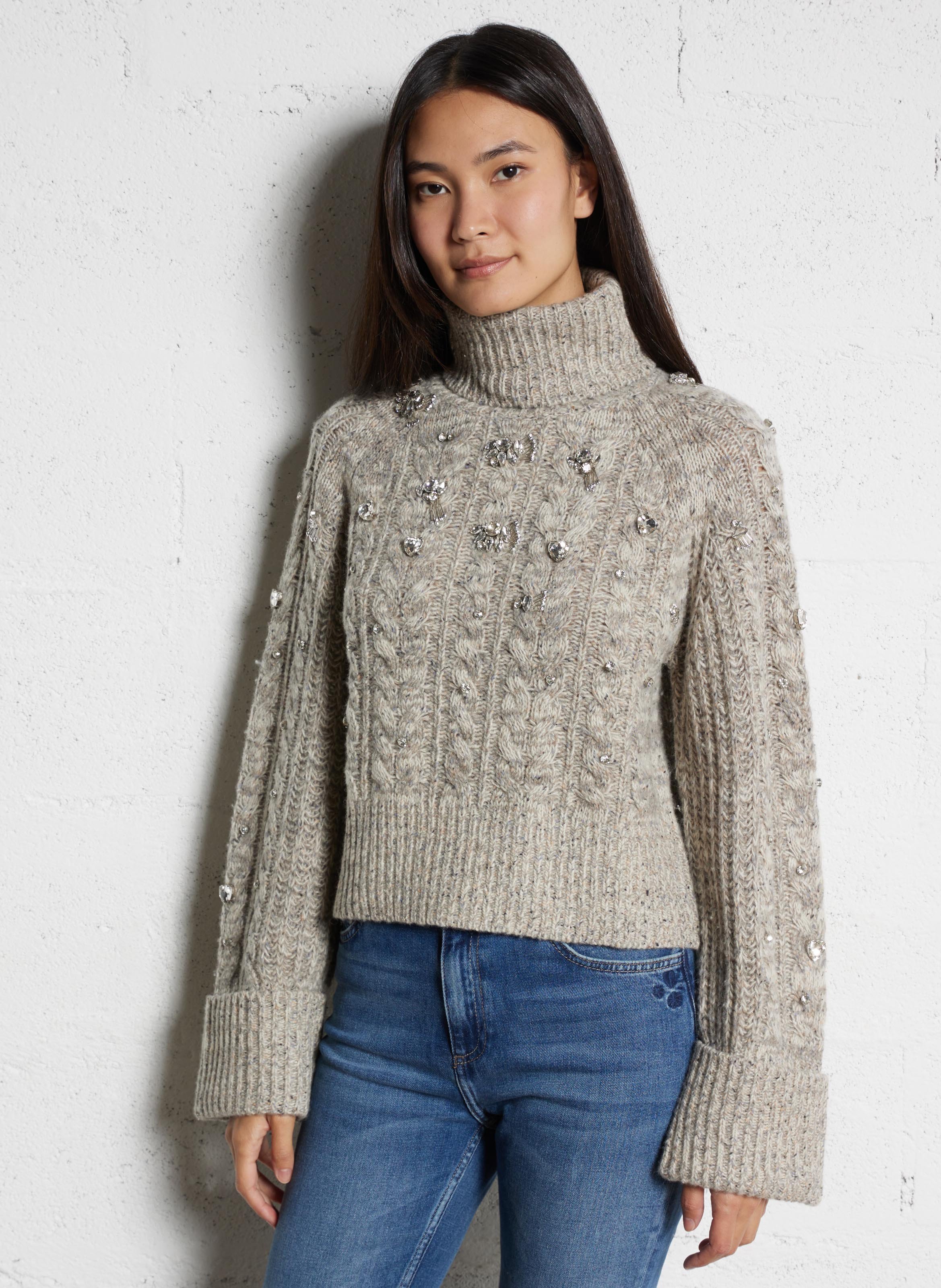 Rechte coltrui van gemengde wol met strass FABIENNE CHAPOT Beige