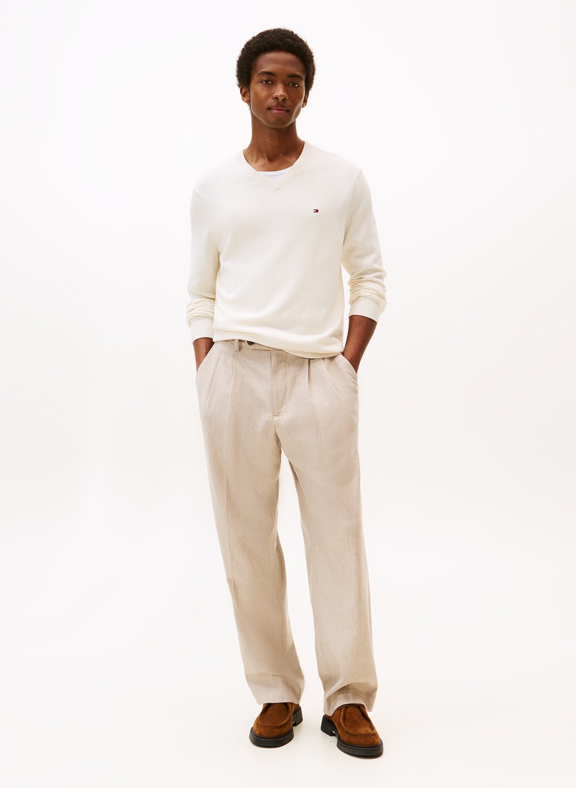 Pull droit col V en coton TOMMY HILFIGER Jaune