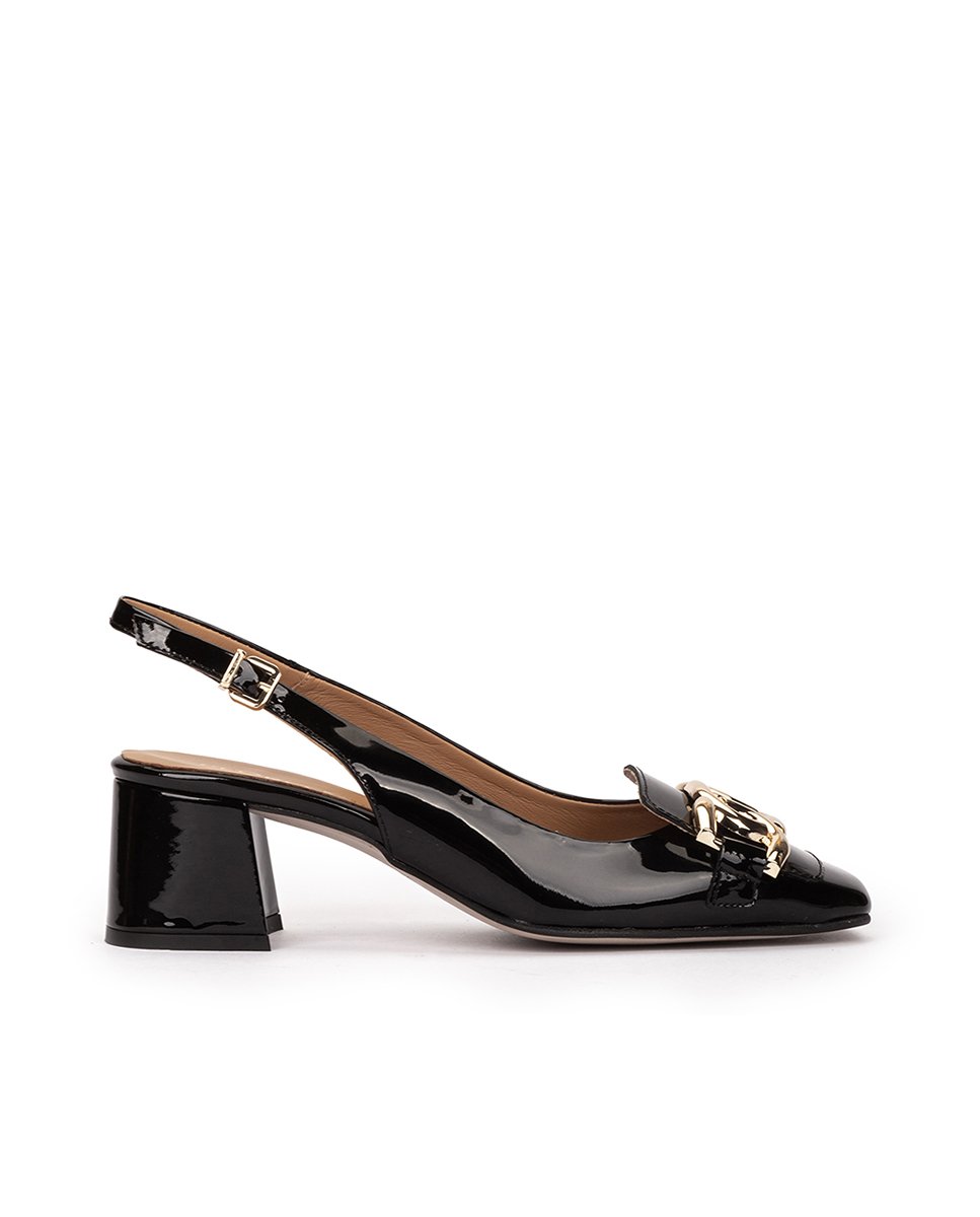 <p>Black patent leather high-heeled shoes, open back.</p> PEDRO MIRALLES Black