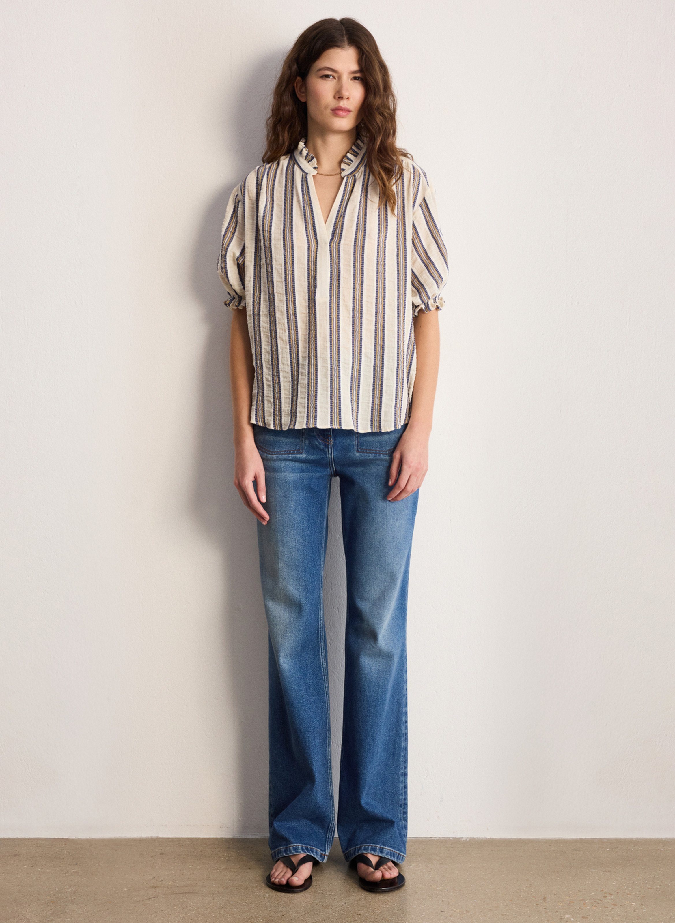 Bluse mit Stehkragen und Volants aus Baumwollmischung PABLO Beige