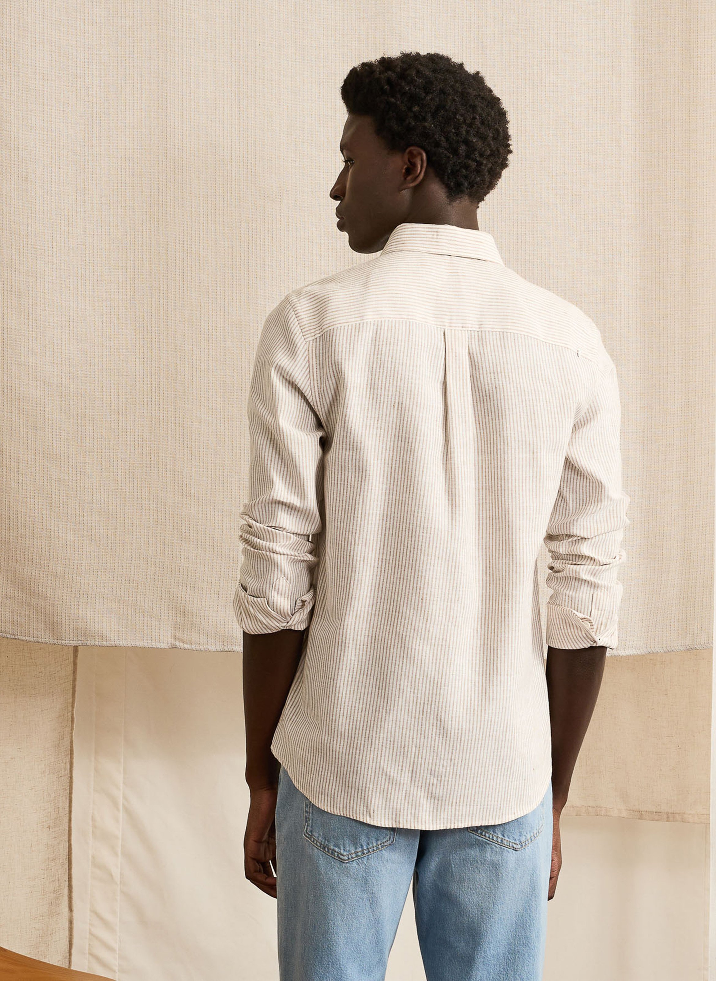 Chemise droite à rayures en coton et lin FAGUO Beige