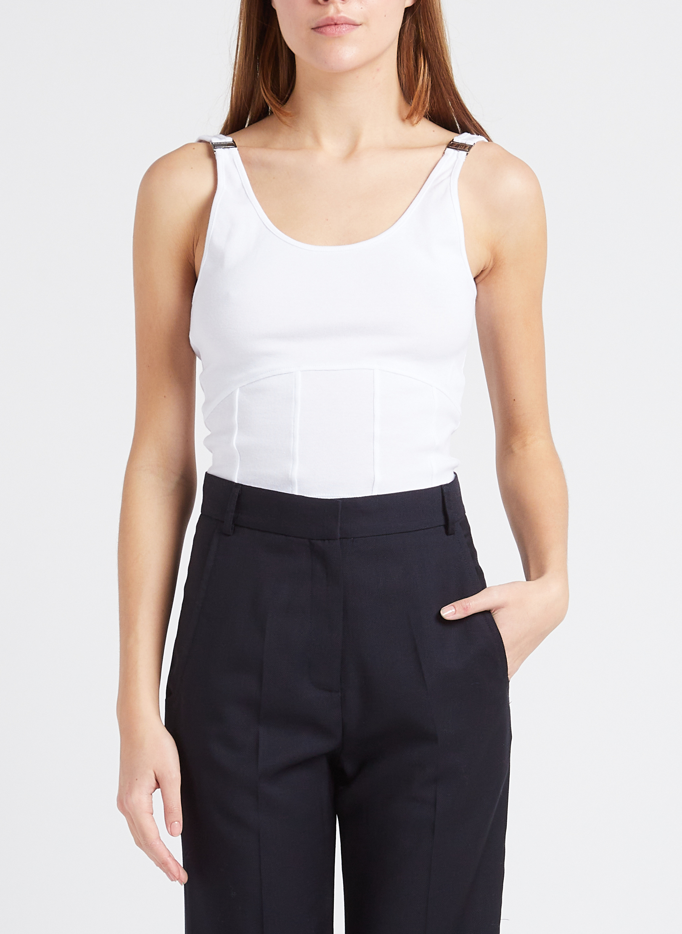 Cotton-blend cropped tank top with spaghetti straps with plunge back MARGAUX LONNBERG White