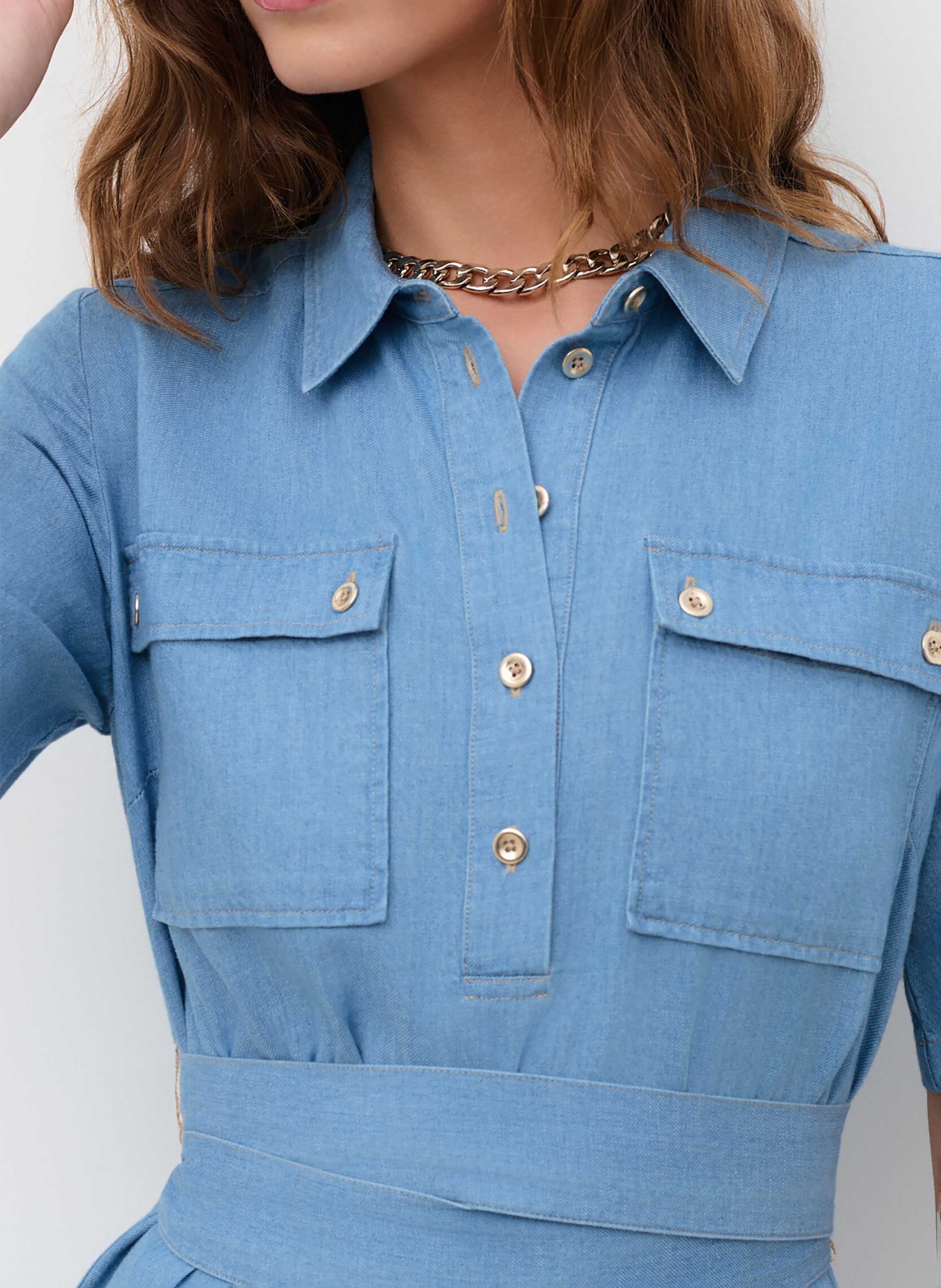 Short cotton-blend dress with classic collar CAROLL Blue