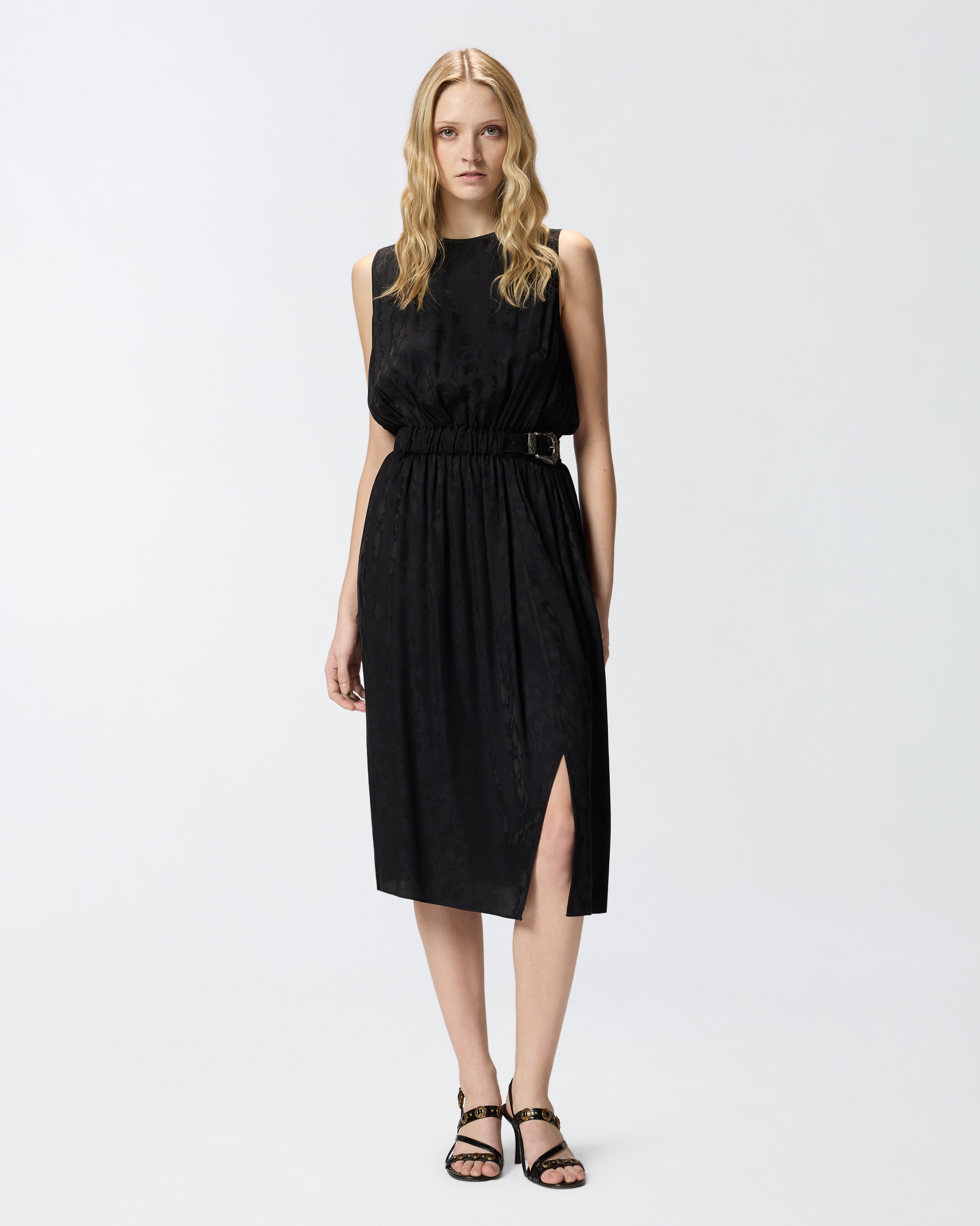 Robe midi sans manches en jacquard floral avec ceinture PINKO Noir