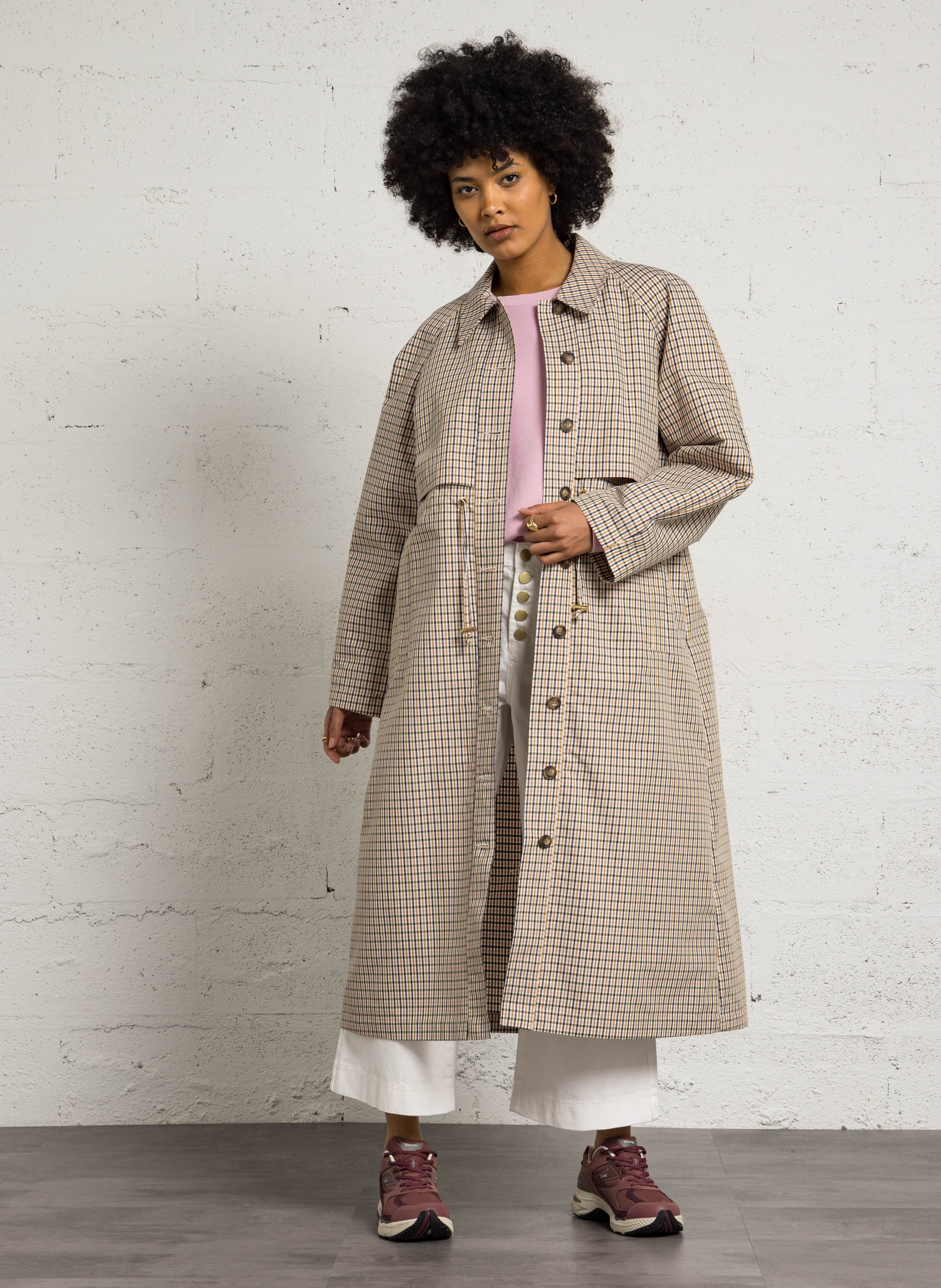 Long straight checked trench coat DES PETITS HAUTS Multicolored
