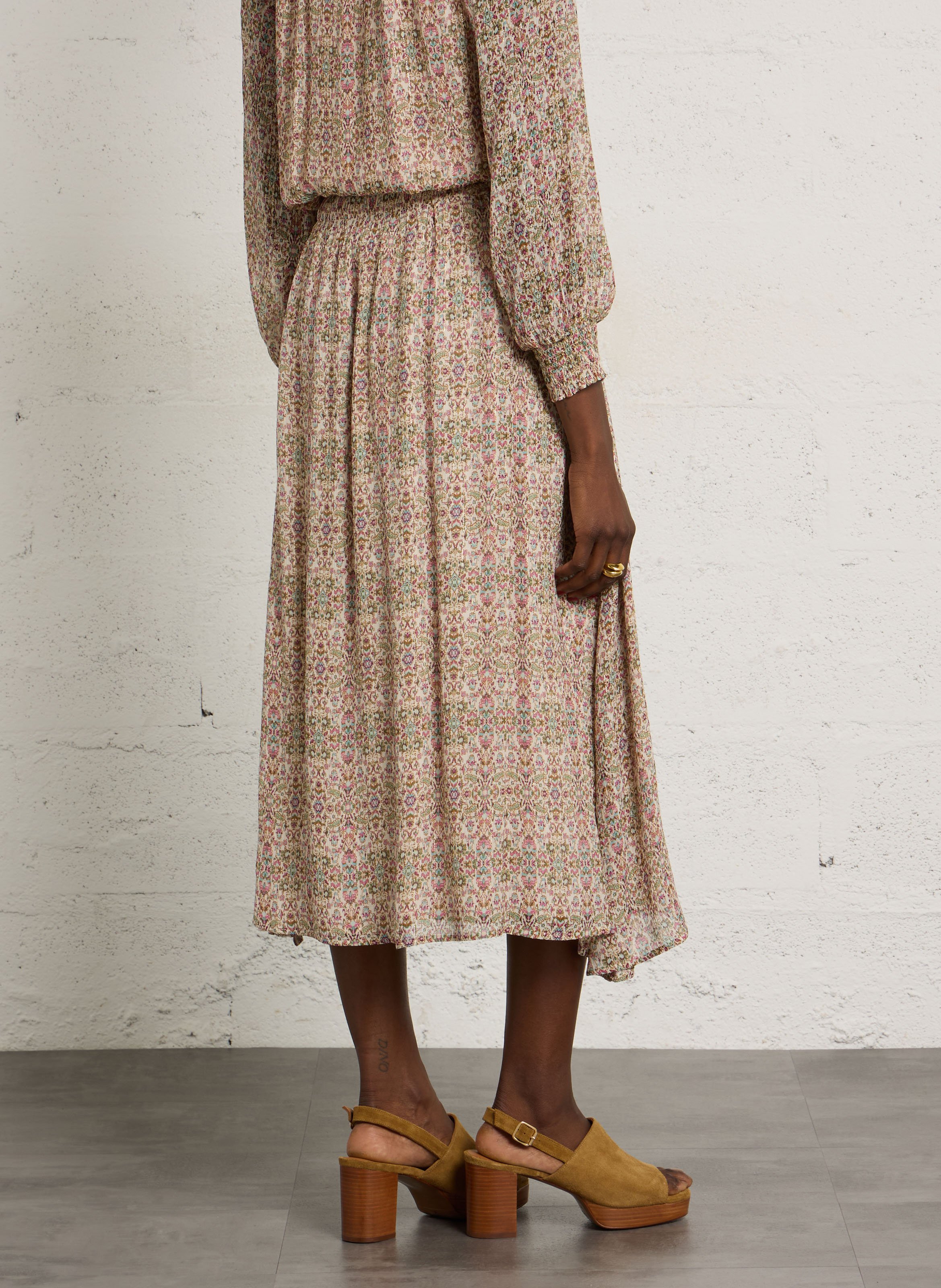 Jupe midi à imprimée en soie mélangée MAISON 123 Beige