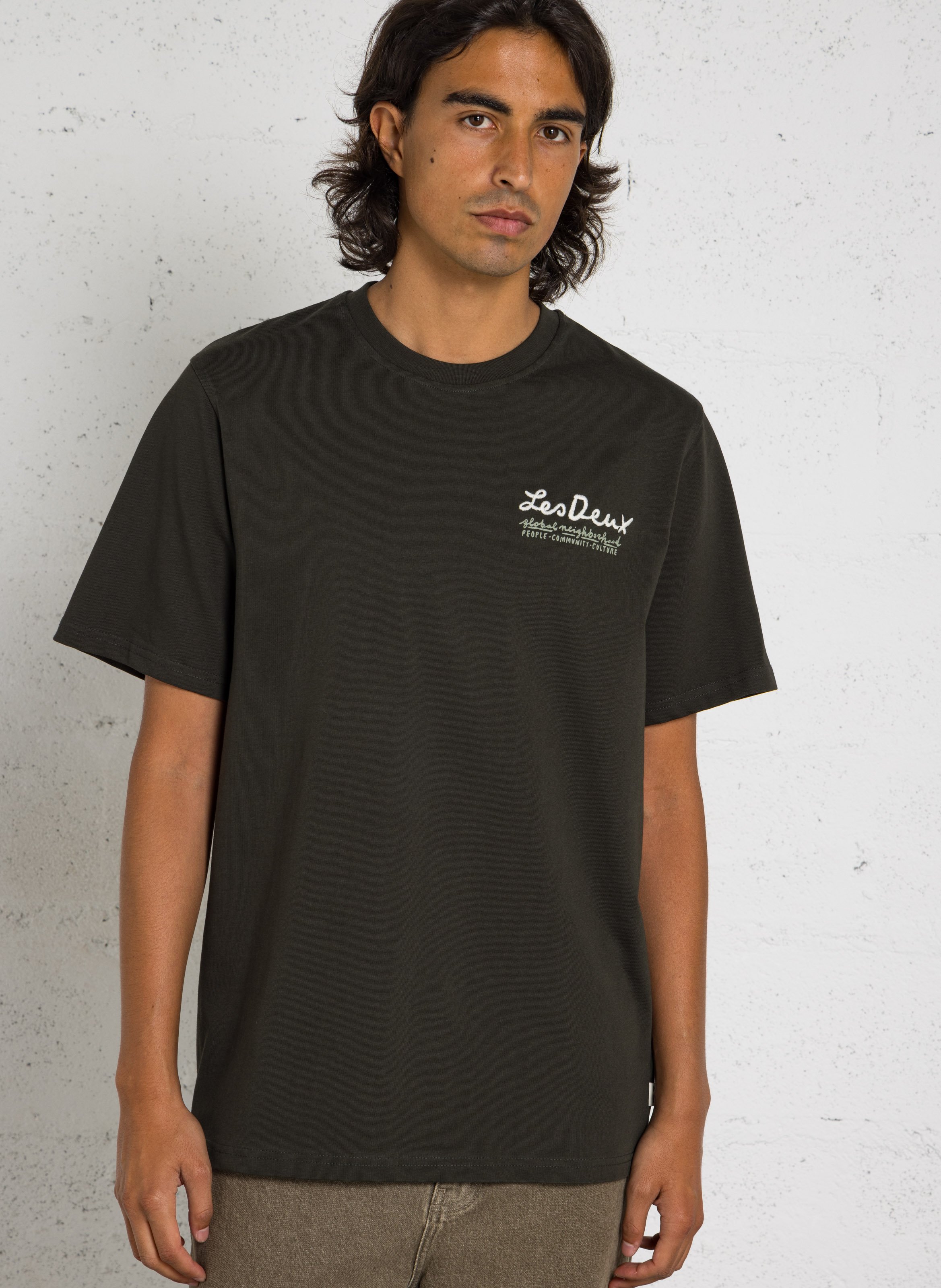 Tee-shirt droit col rond brodé en coton bio LES DEUX Vert