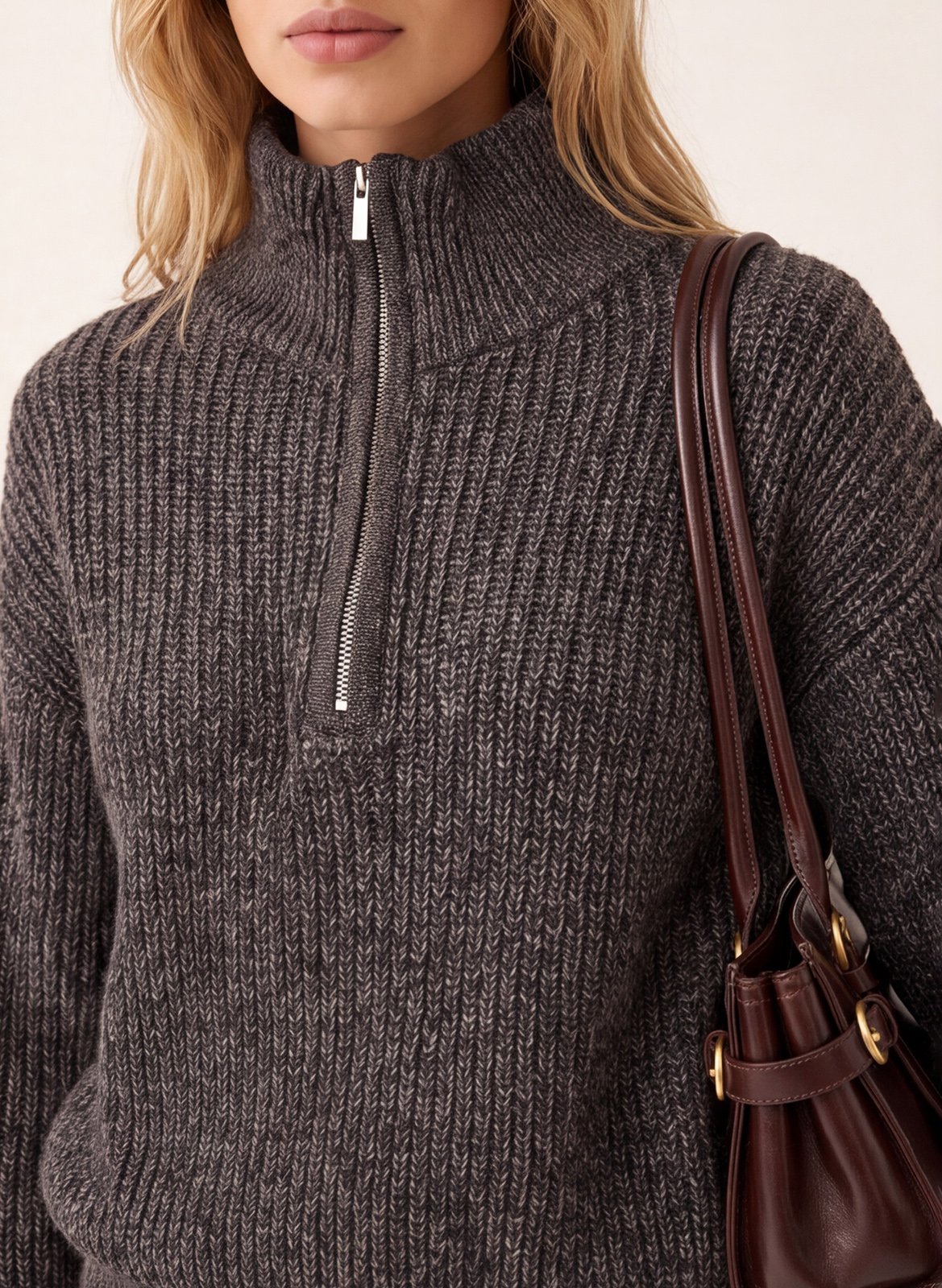 Pull droit col montant zippé en maille | Marron KOOKAI Femme