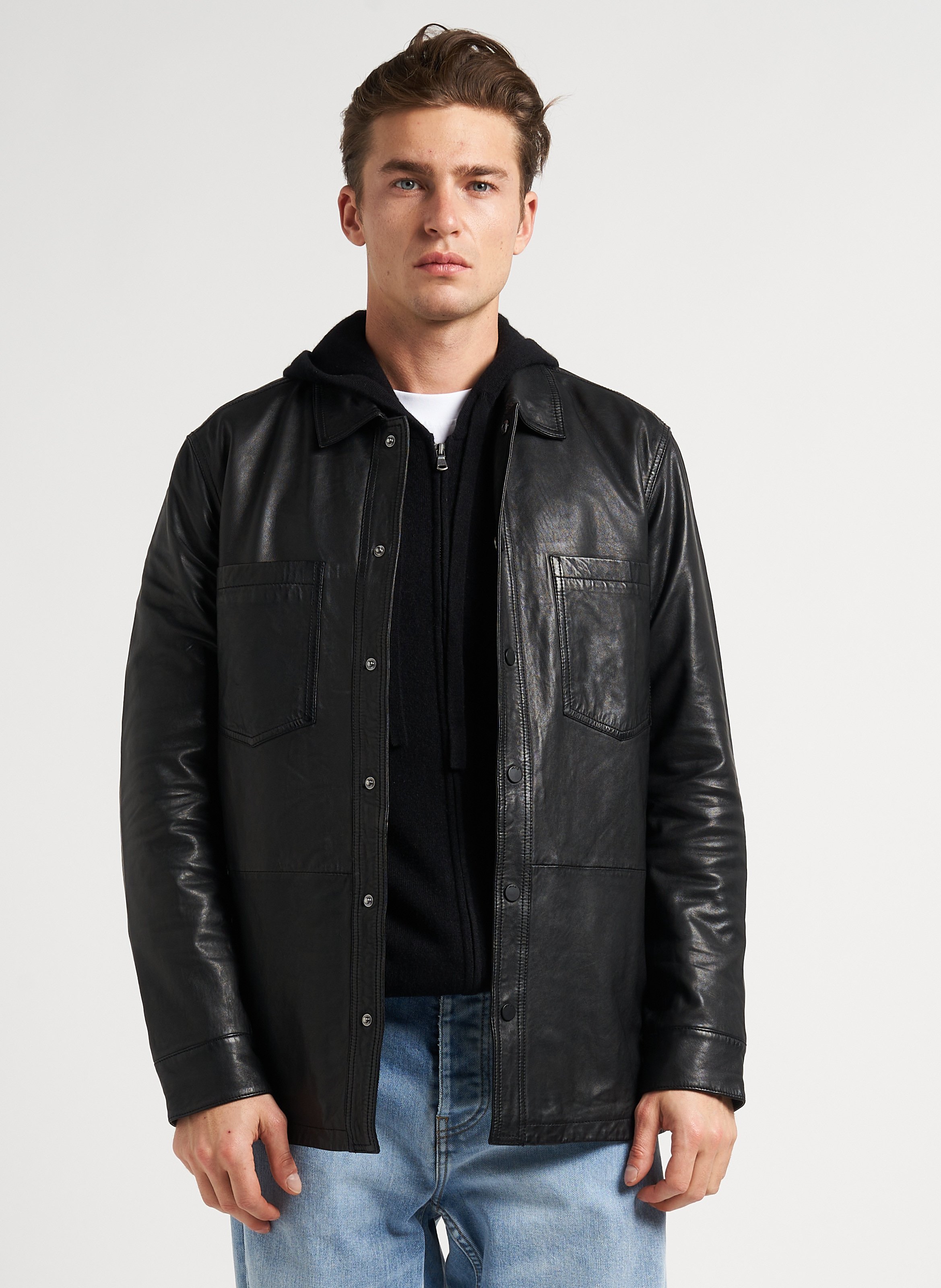 Straight Leather Overshirt With Classic Collar Noir Ikks Men