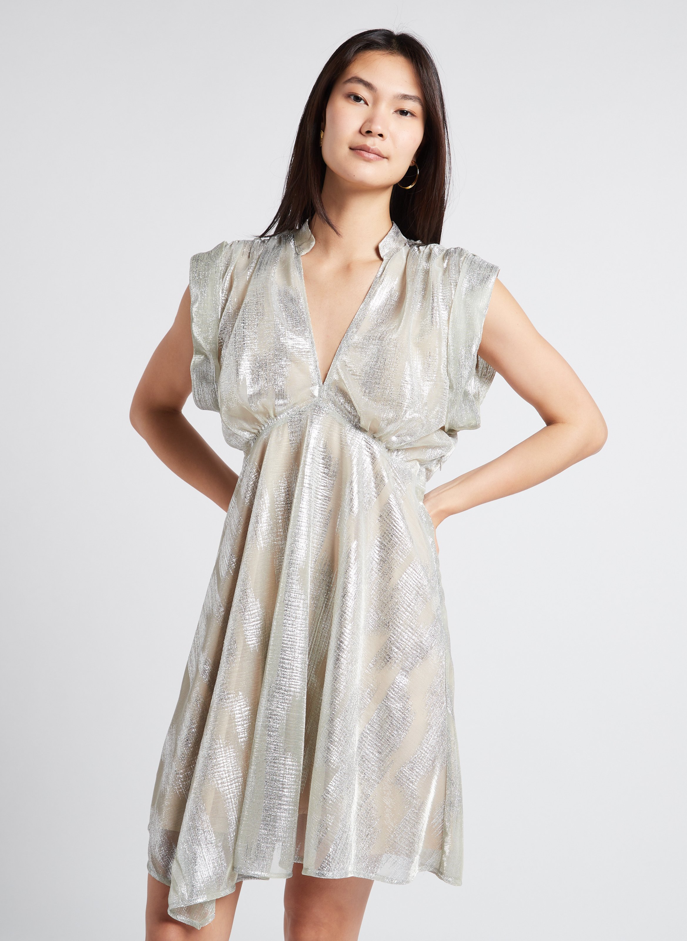 Robe courte col V jacquard métallisé  IRO Argent