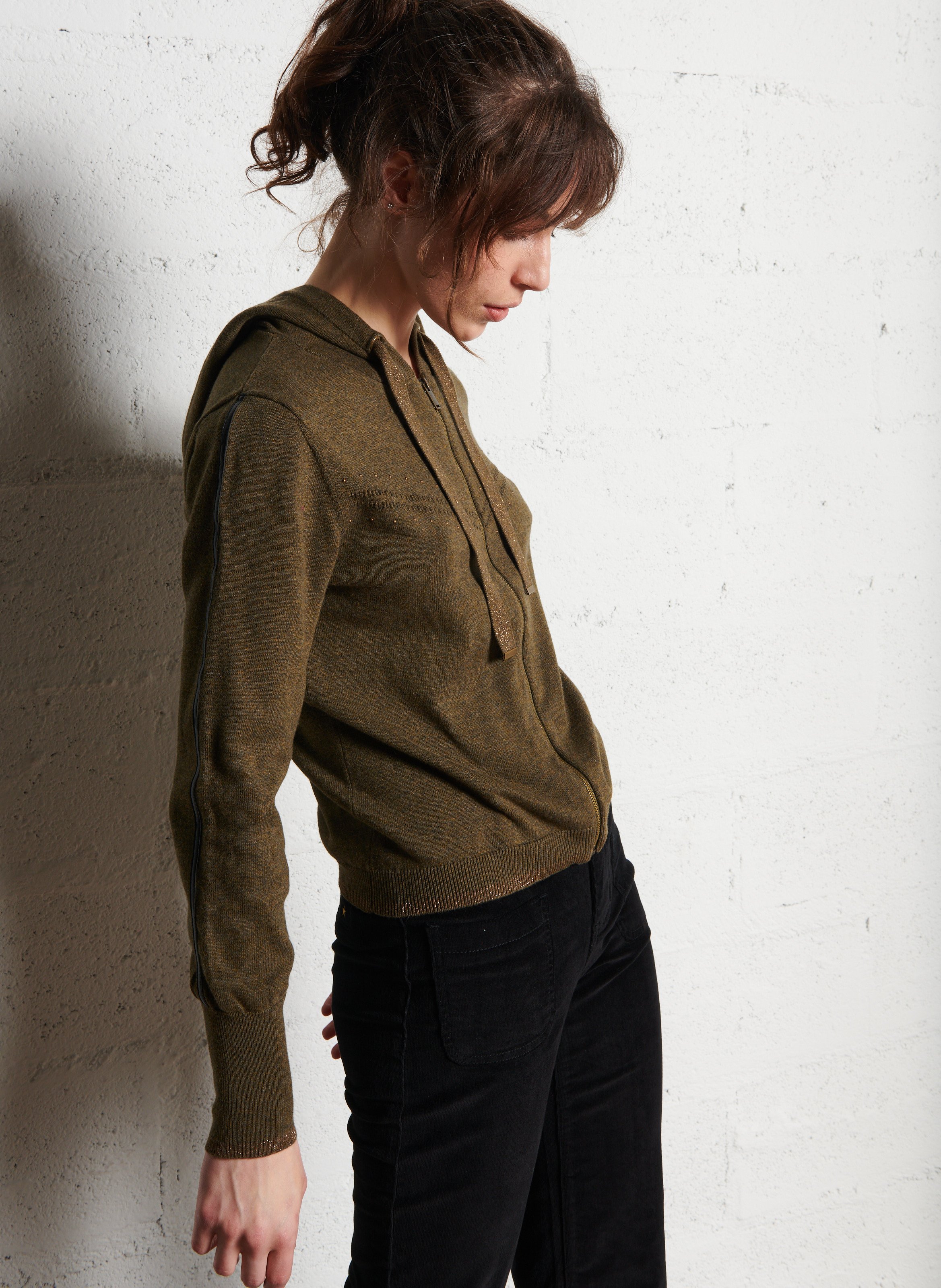 Hooded zip-up cotton cardigan ONE STEP Khaki