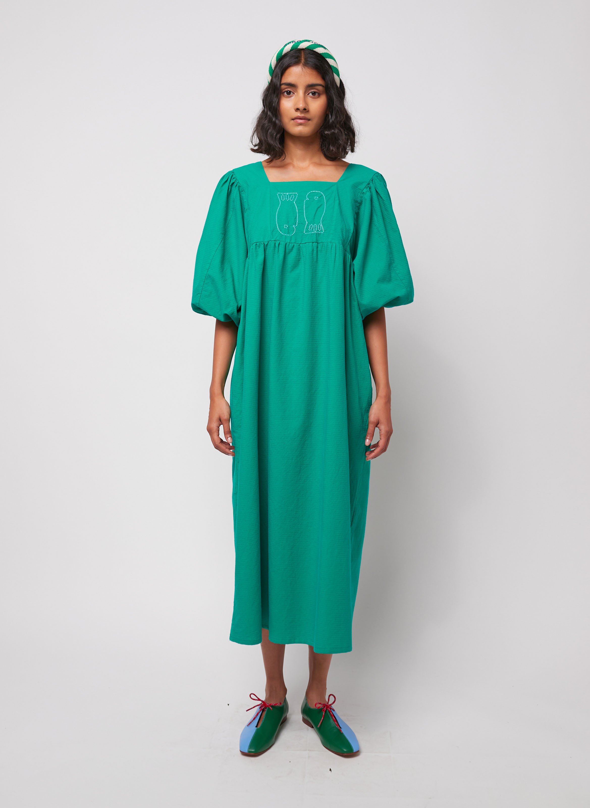 Wijdvallende jurk met vierkante hals van katoen BOBO CHOSES Groen