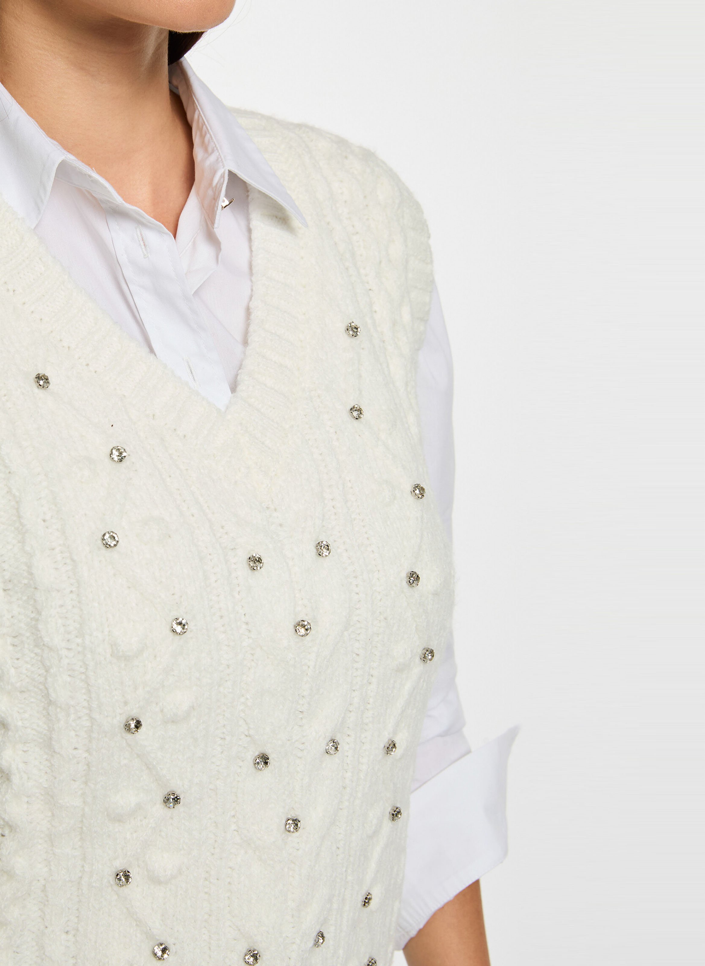 Ärmelloses Top mit Strass in Uni-Farbe Weiss